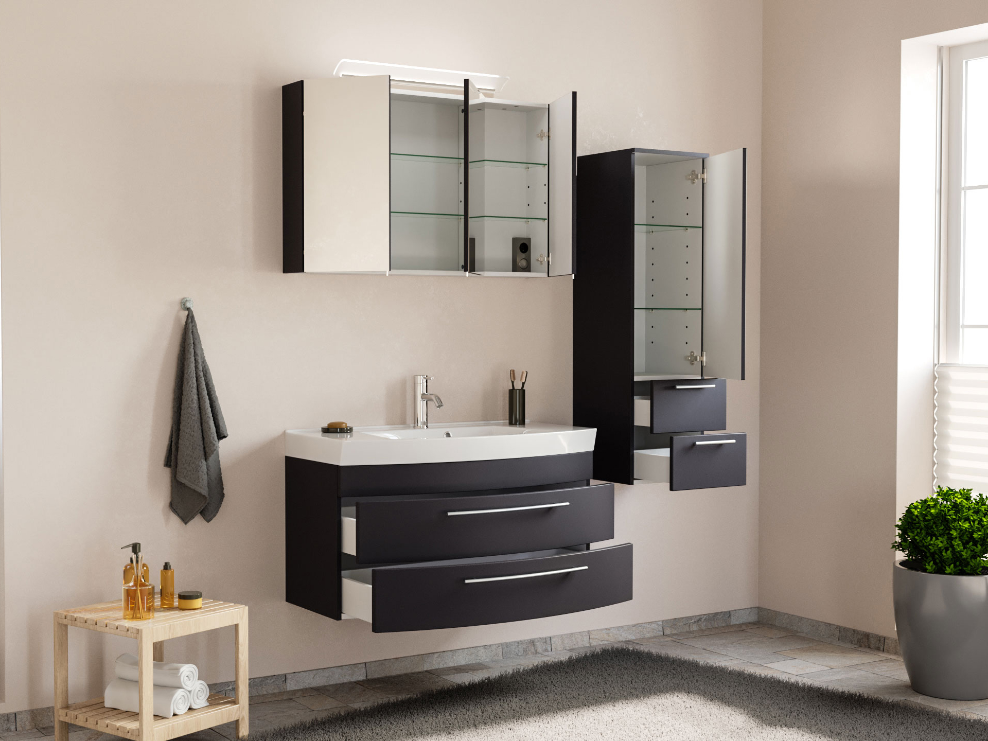 Badmöbel-Set Toscana 100 cm (3-teilig) SoftClose anthrazit