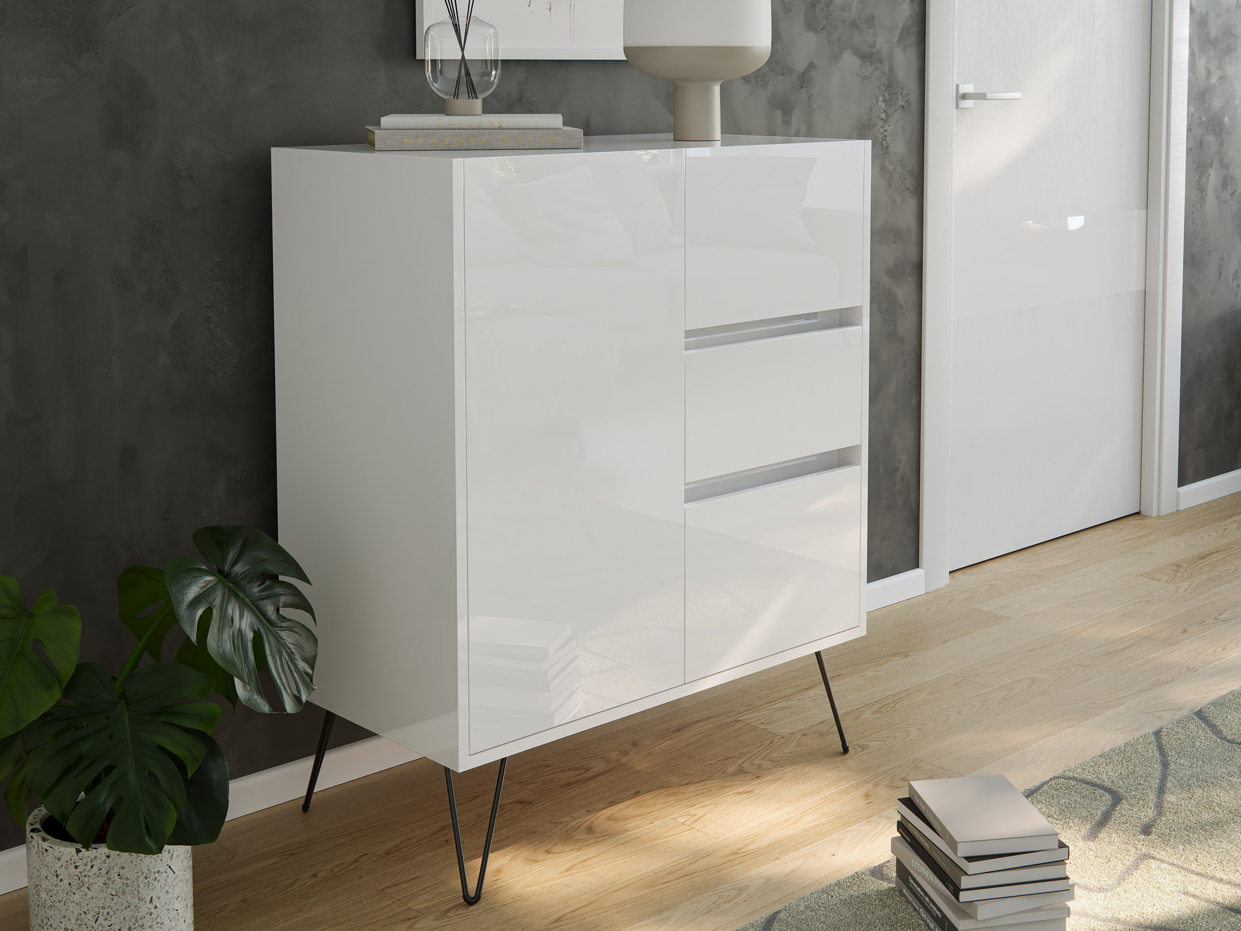 Design Sideboard Kommode Rauk 80cm 3 Greifraum SoftClose 1 Tür Weiß hochglanz