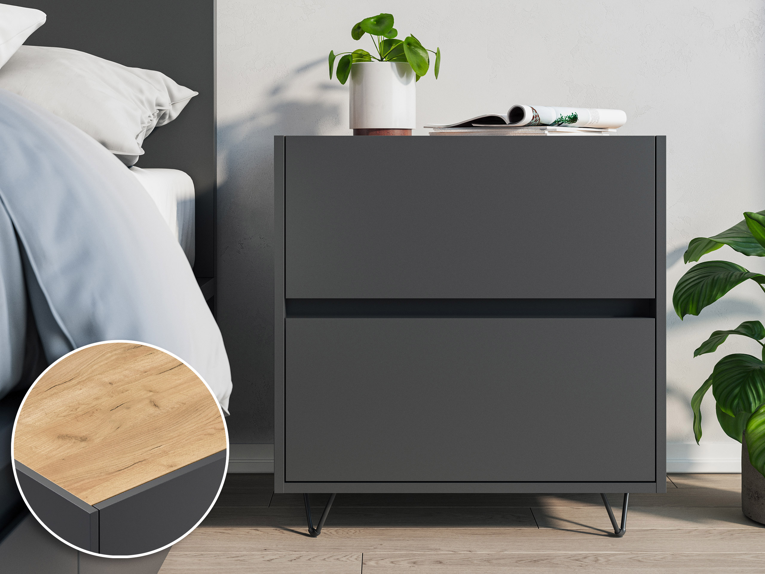Nachttisch Kommode You 60cm 2 SoftClose stehend Grafit & Eiche Top