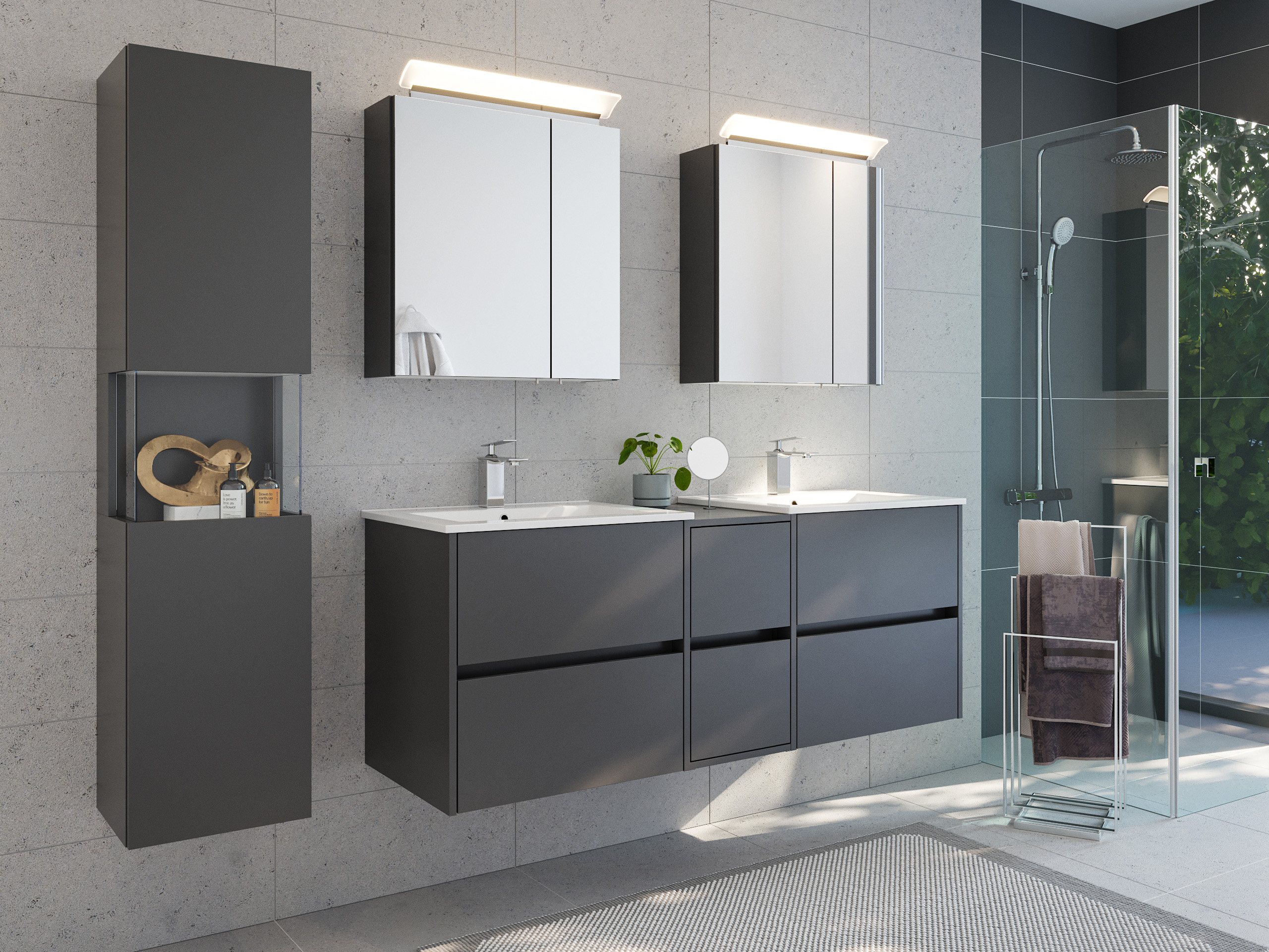 Badmöbelset Taifun 150cm 4tlg mit 2x Spiegelschrank & Seitenschrank grafit