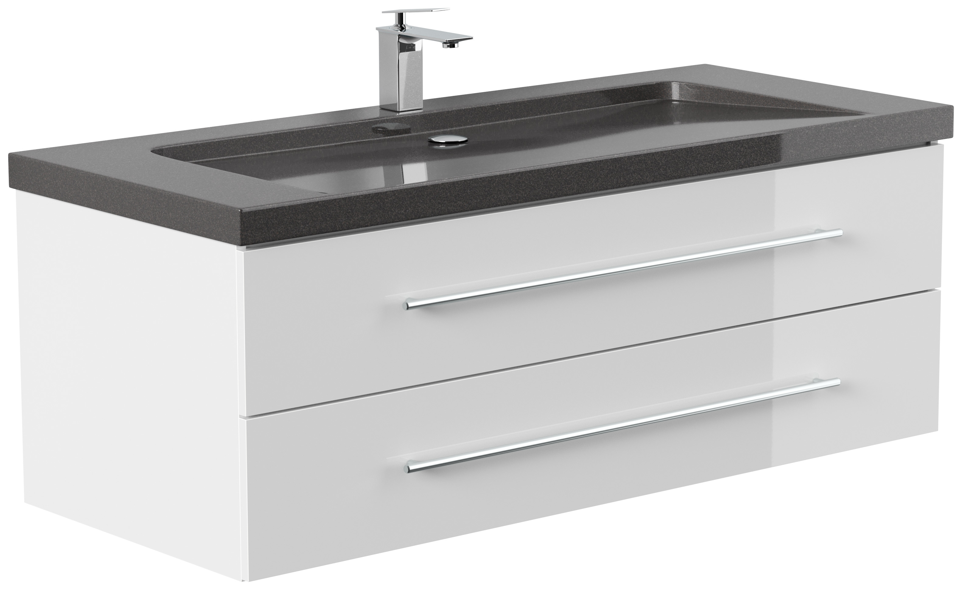 Badmöbel Granit India Black Damo 130 cm 1 Hahnloch SoftClose weiß hochglanz