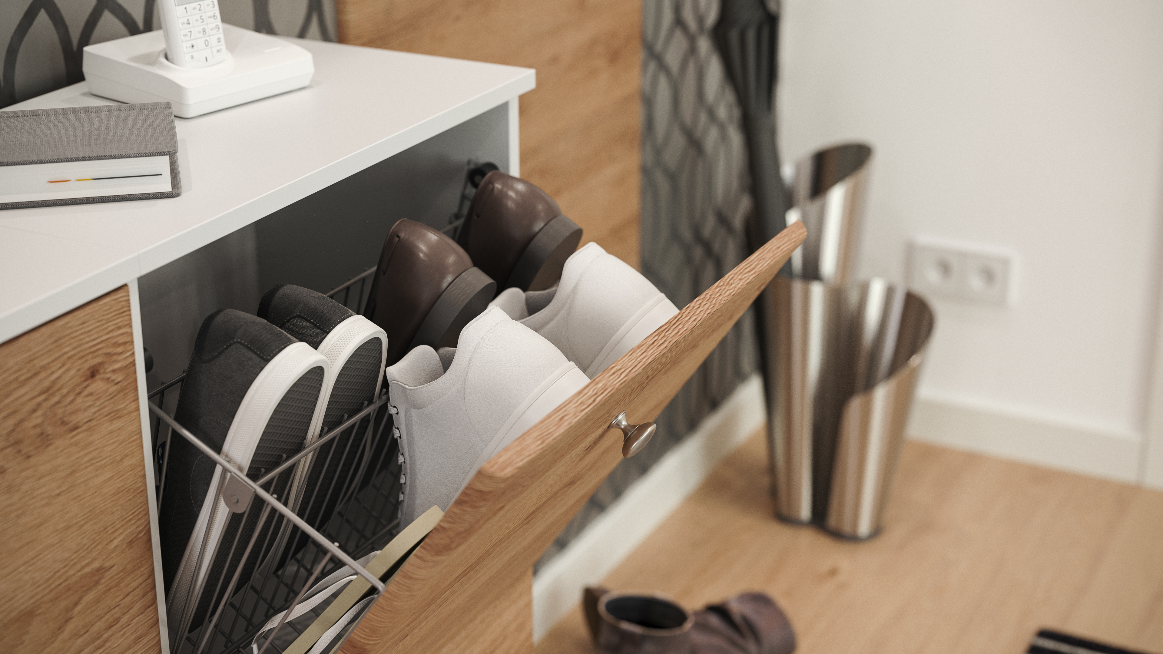 Garderobe Set 005 Cleveland 4 tlg Schuhschrank 4 Klappen 16 Paar Weiss-Eiche