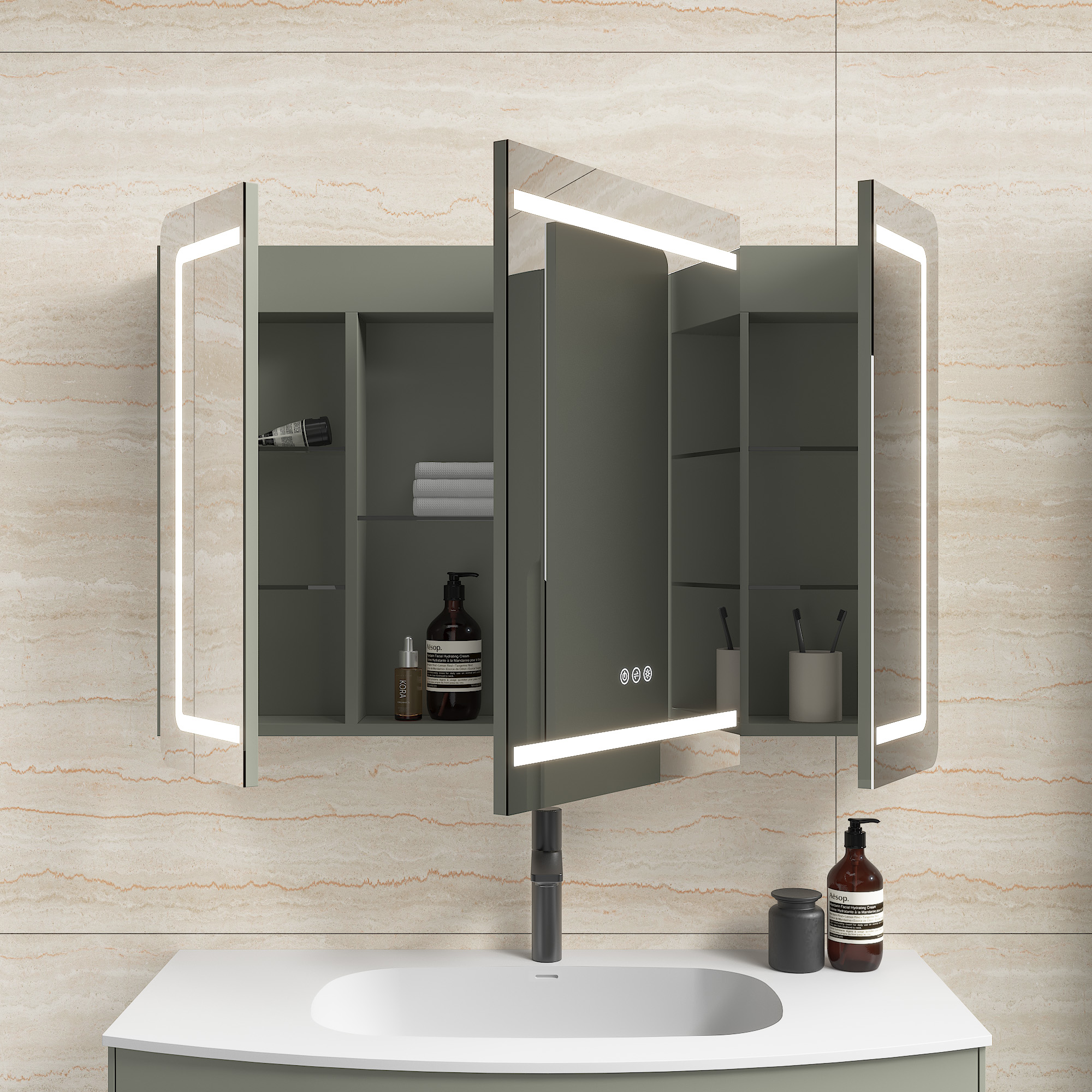 Spiegelschrank Riva 100 cm inkl. LED-Lampe und Glasböden montiert grün matt