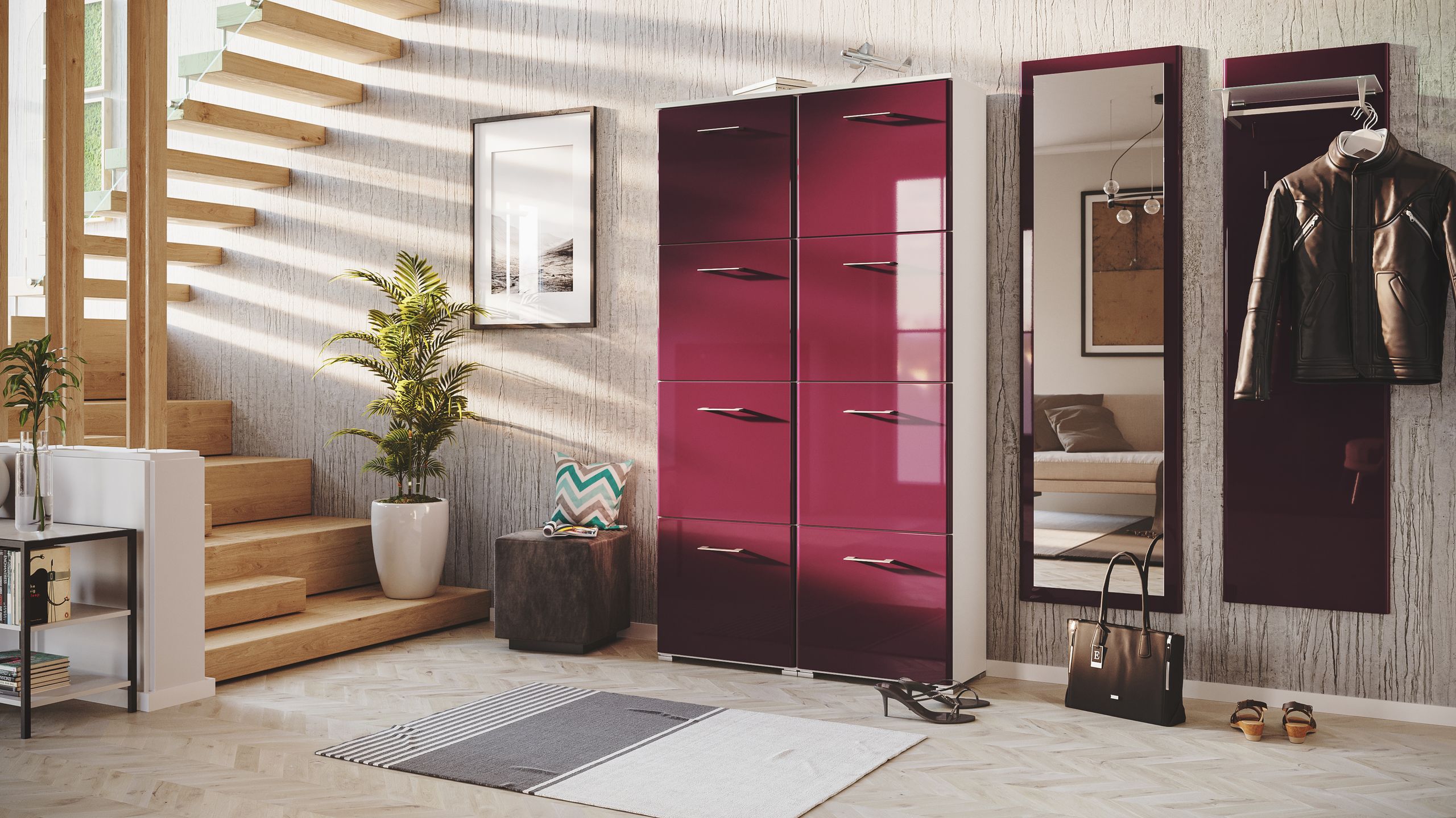 Garderobe Set 107 Saldus 3 tlg Schuhschrank 8 Klappen 32 Paar Weiss-Brombeer