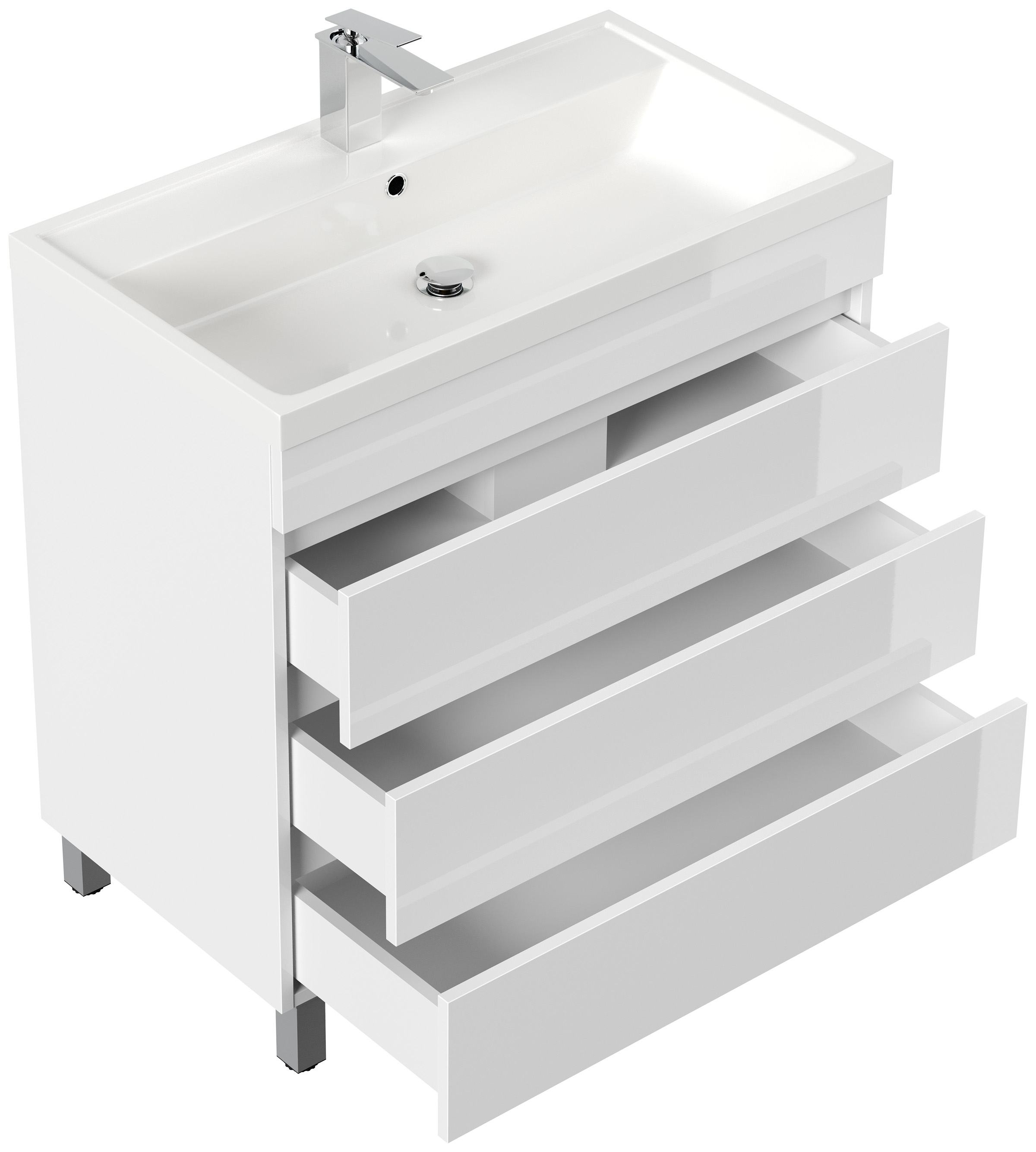 Stand Badmöbel Via 80 SoftClose weiss hochglanz mit drei grifflosen Schubladen