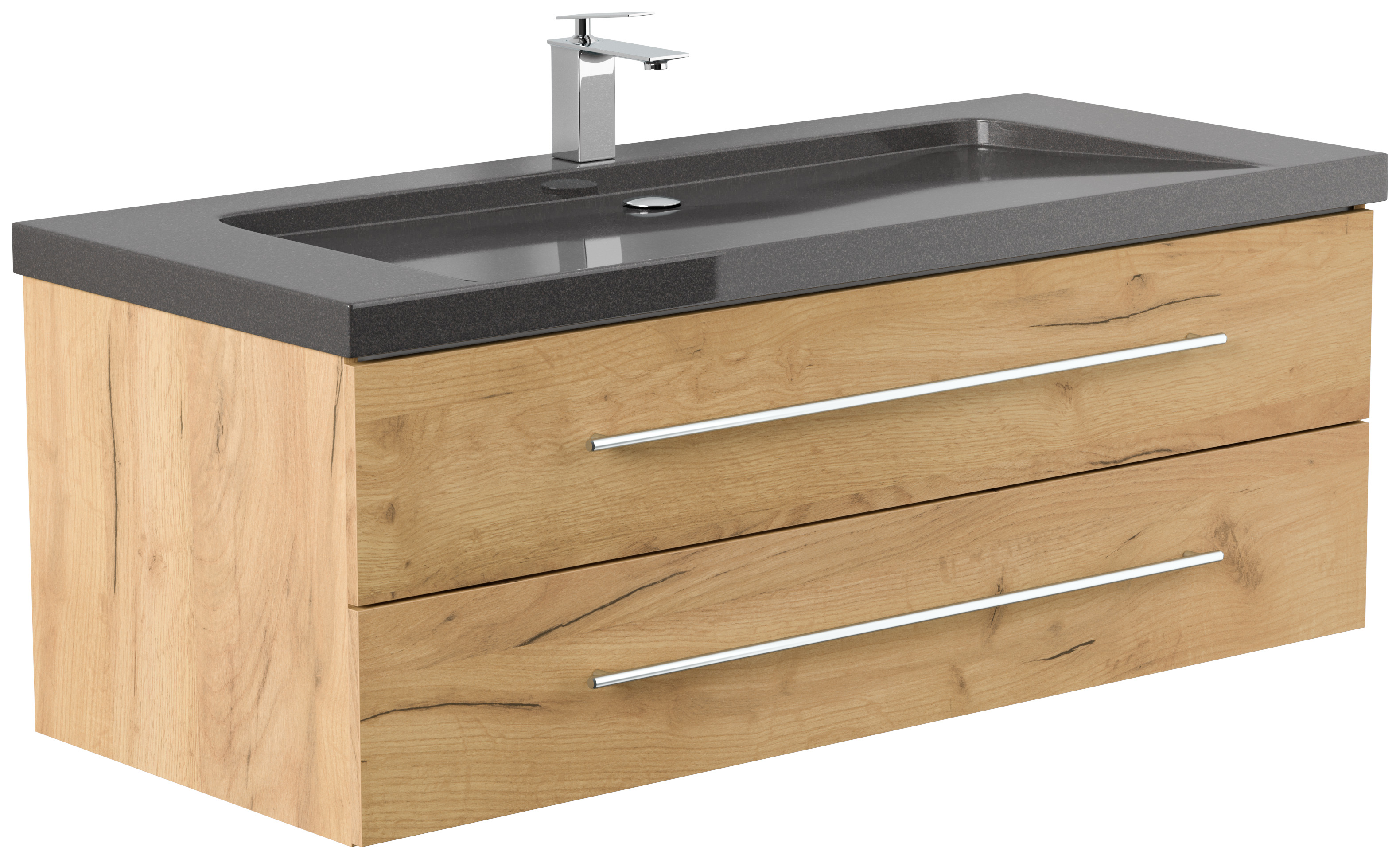 Badmöbel Granit India Black Damo 130 cm 1 Hahnloch SoftClose eiche gold