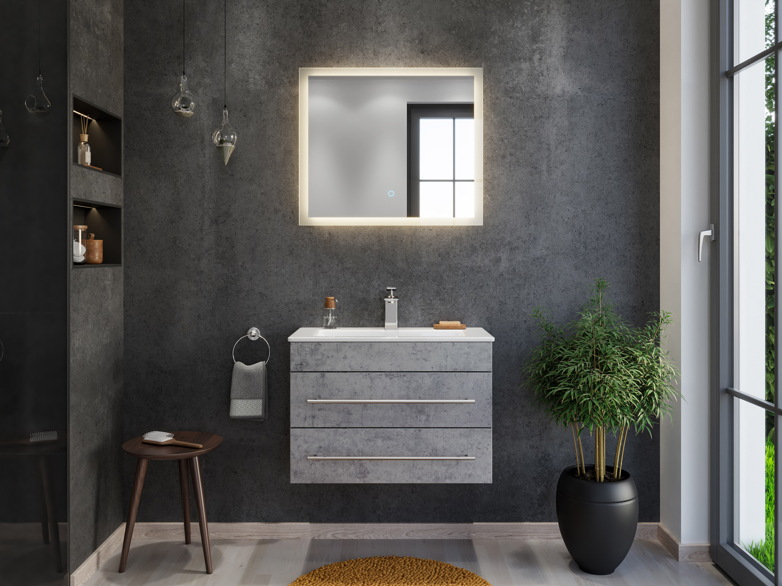 Badmöbel Mars 700 2-teilig mit LED Spiegel SlimLine SoftClose beton