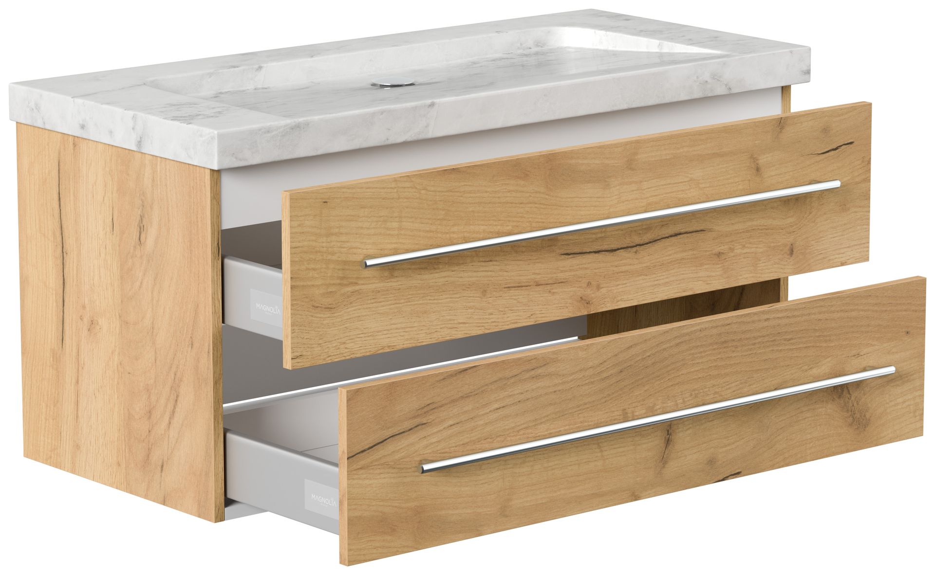 Badmöbel Marmor Carrara White Damo 100 cm ohne Hahnloch SoftClose eiche gold