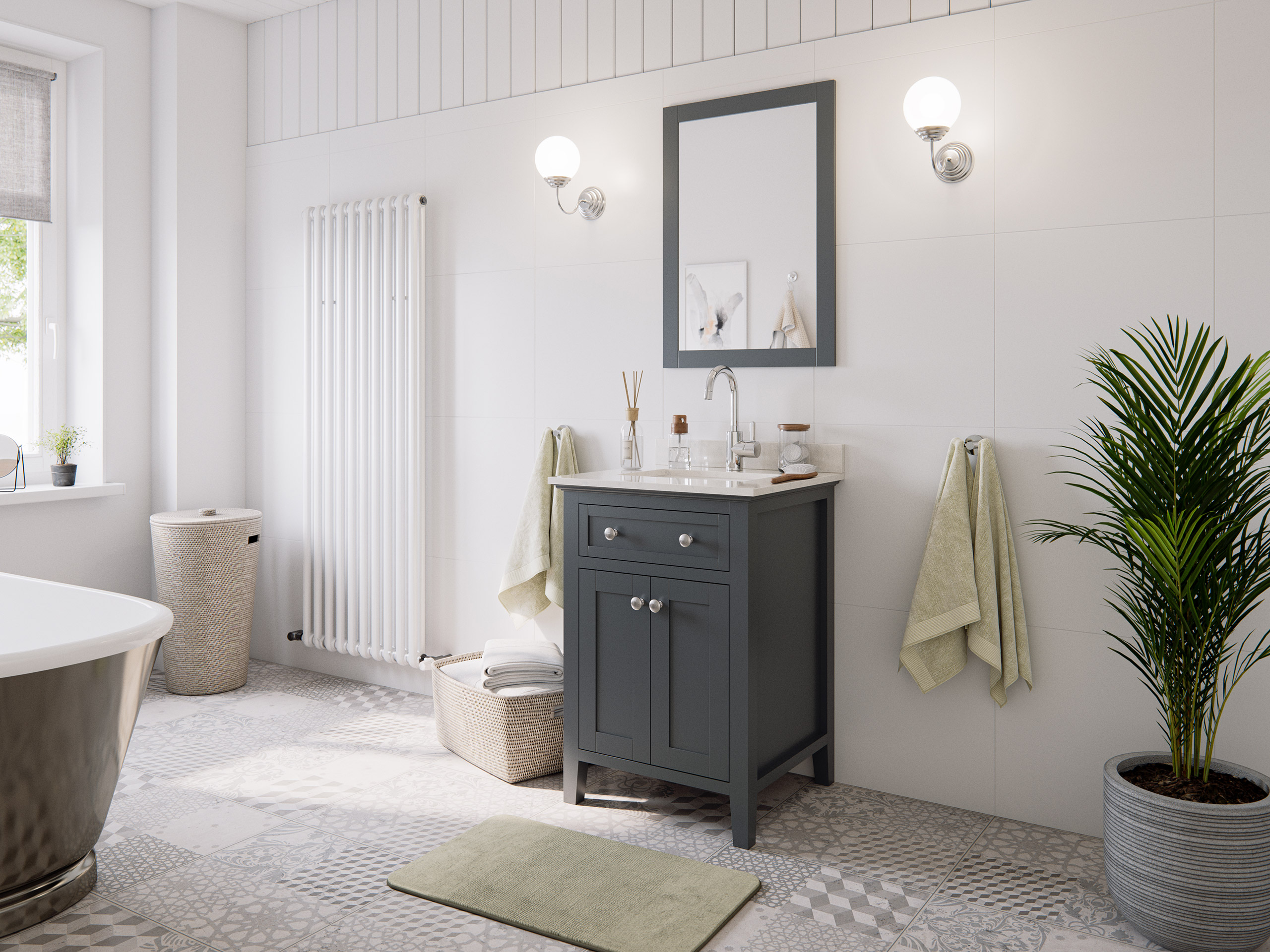 Landhaus Badmöbel-Set 2tlg Postigo 60 Quarz Carrara montiert grau lackiert 