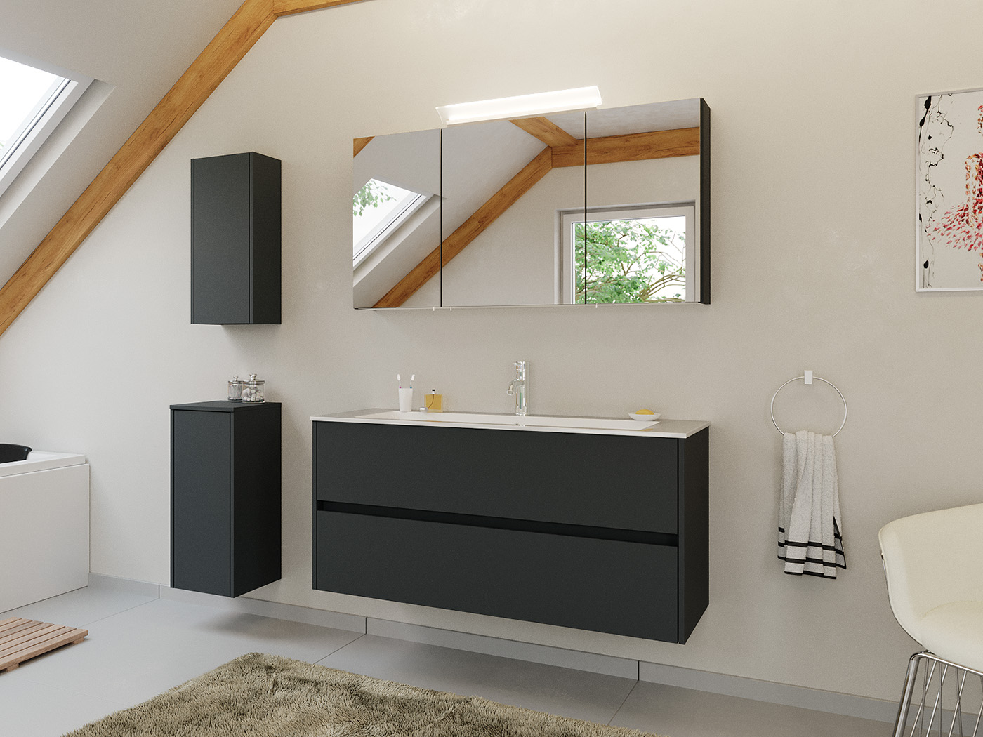 Badmöbel Set Taifun 4tlg. 120 cm mit Spiegelschrank & 2x Badschrank Grafit