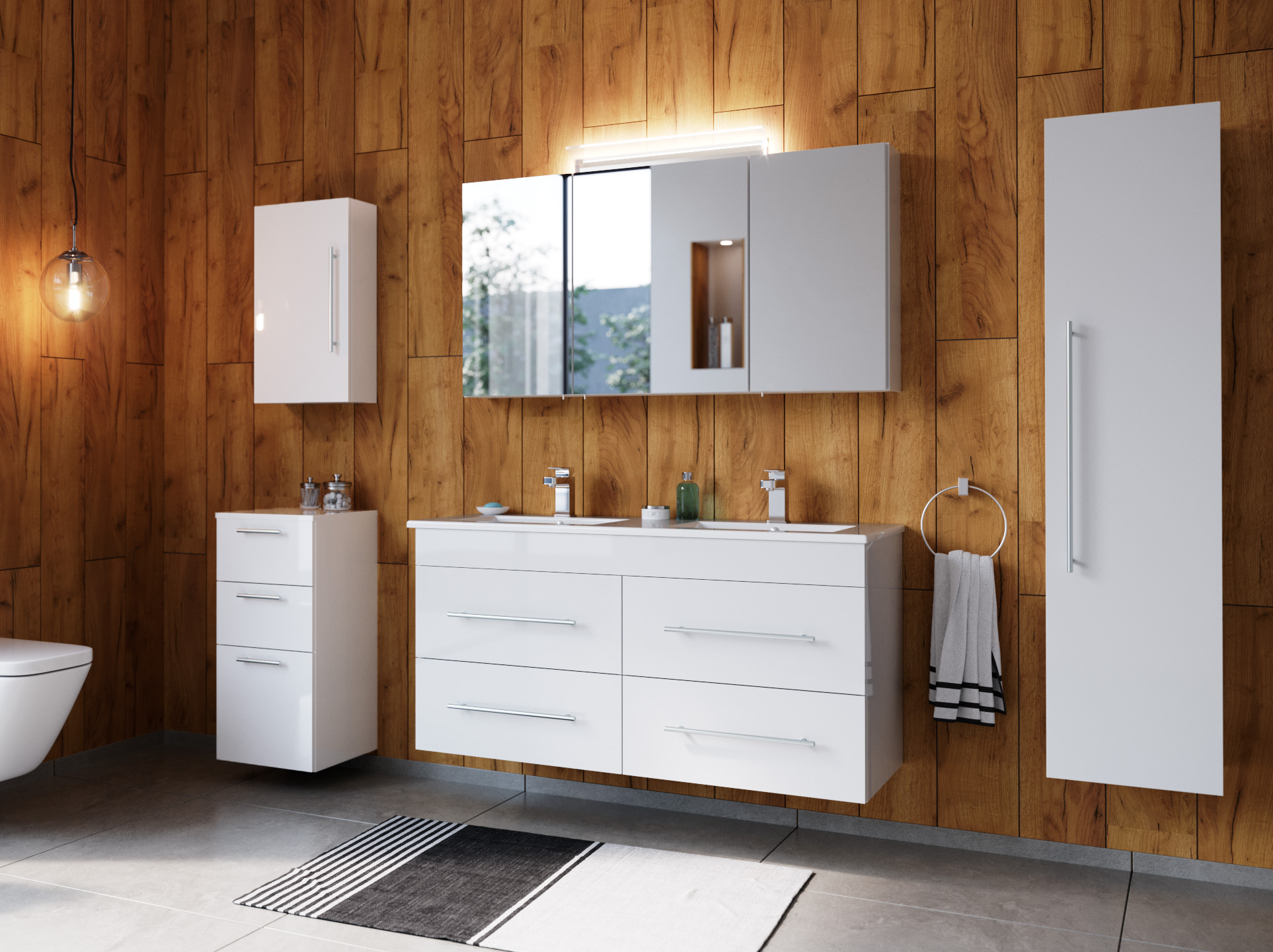 Badmöbelset Helios 5-teilig Spiegelschrank Hoch- Seiten- Midischrank weiss hgl