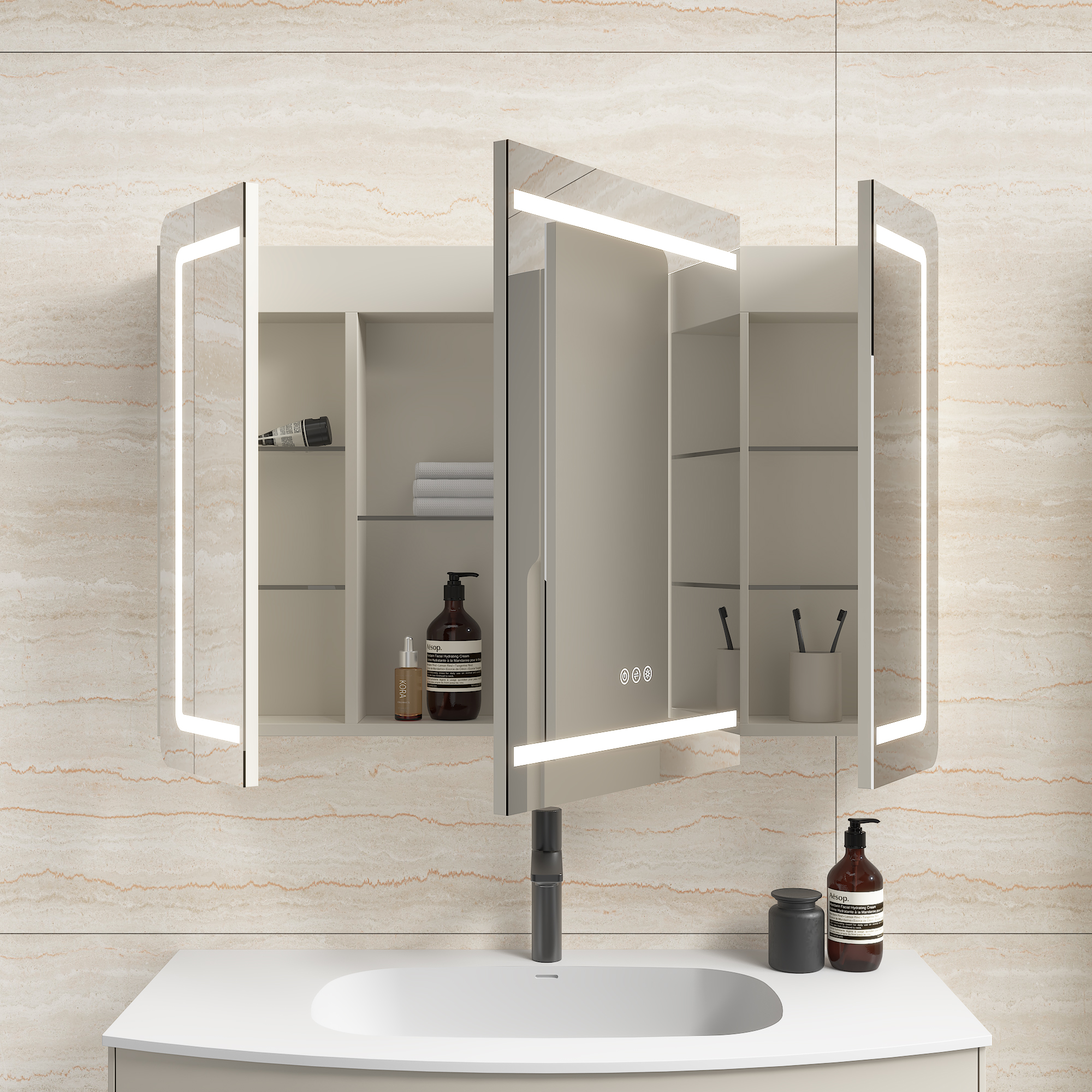 Spiegelschrank Riva 100 cm inkl. LED-Lampe und Glasböden montiert kaschmir matt
