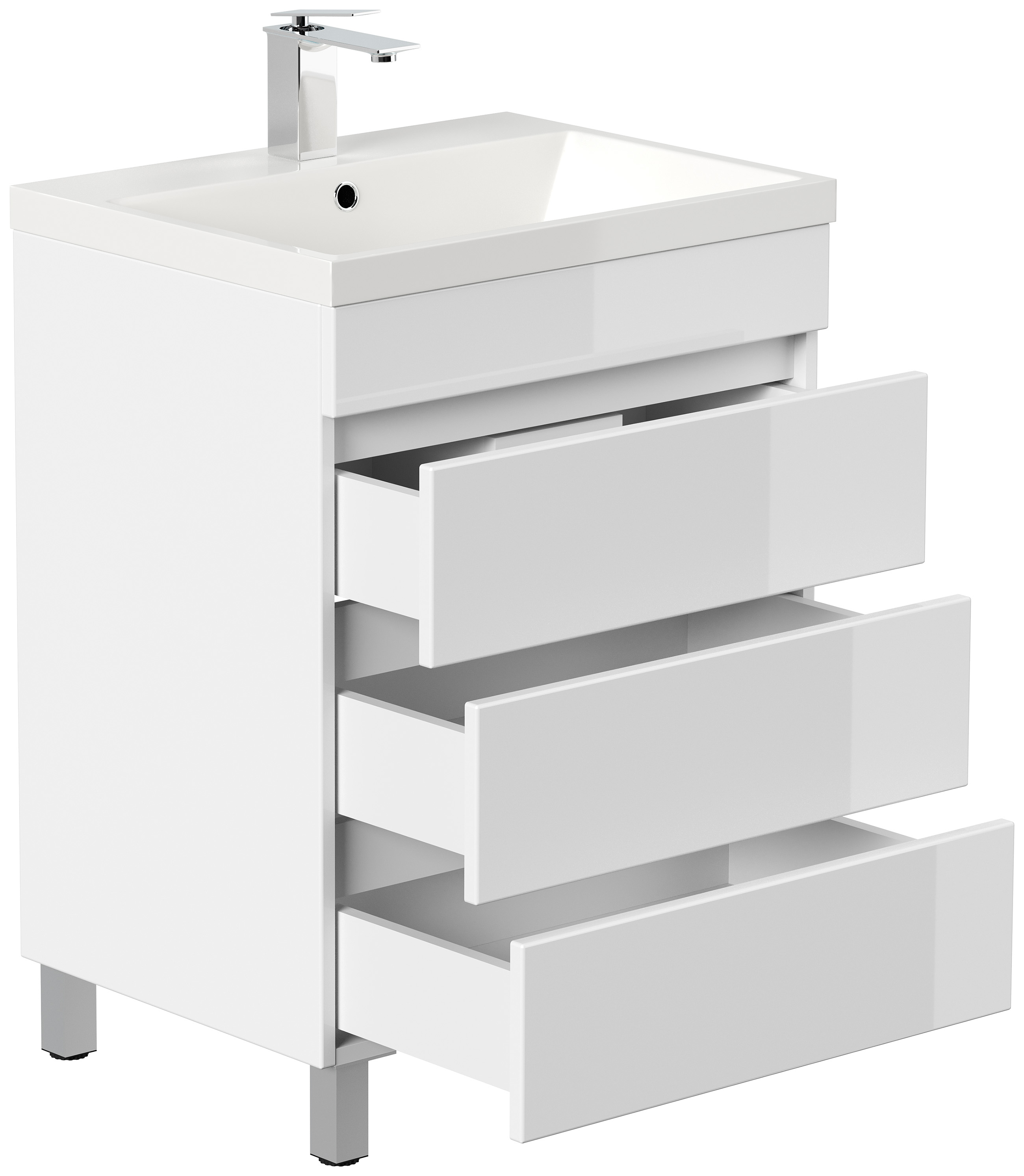 Stand Badmöbel Via 60 SoftClose weiss hochglanz mit drei grifflosen Schubladen