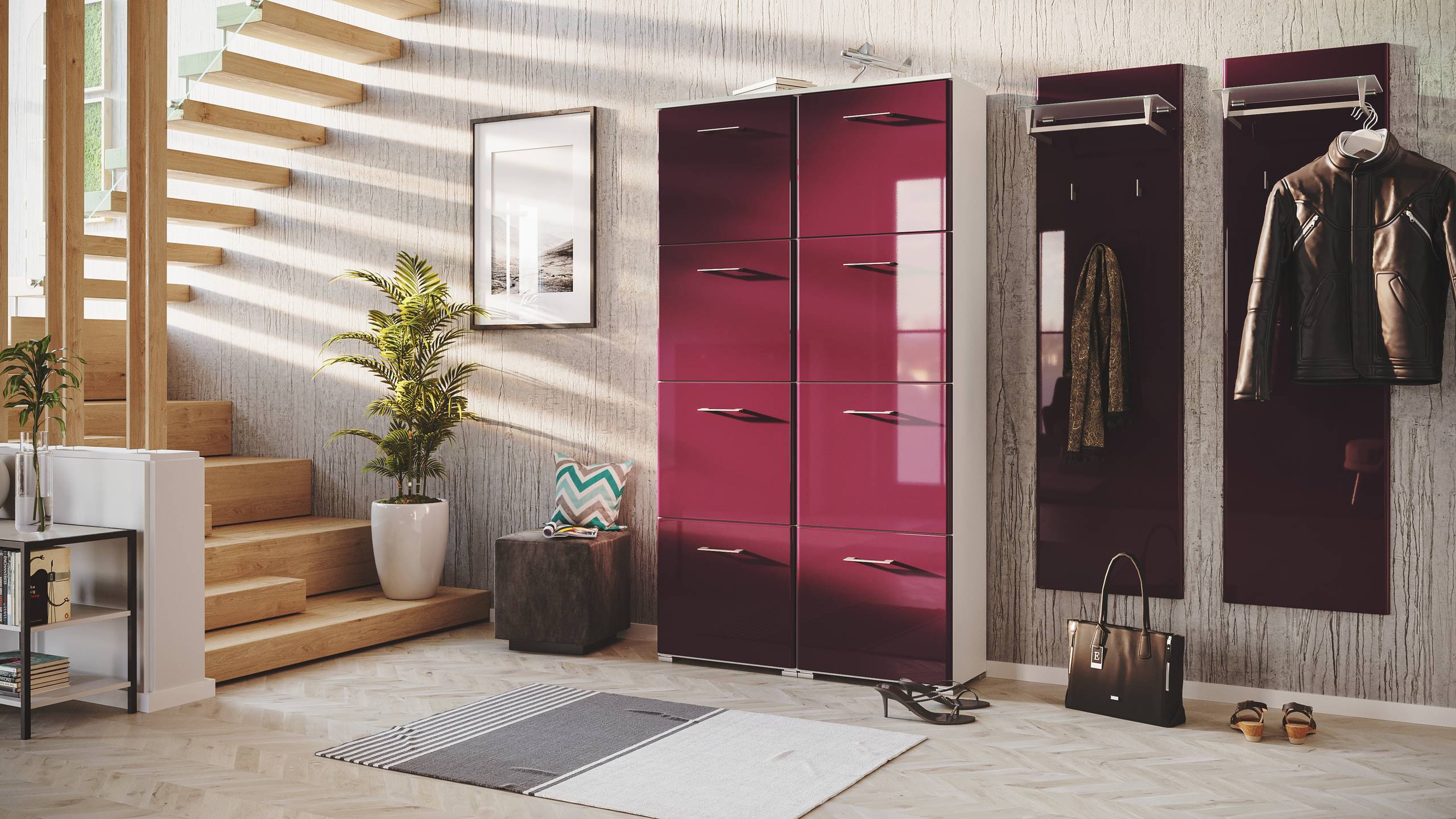 Garderobe Set 110 Aglona 3 tlg Schuhschrank 8 Klappen 32 Paar Weiss-Brombeer