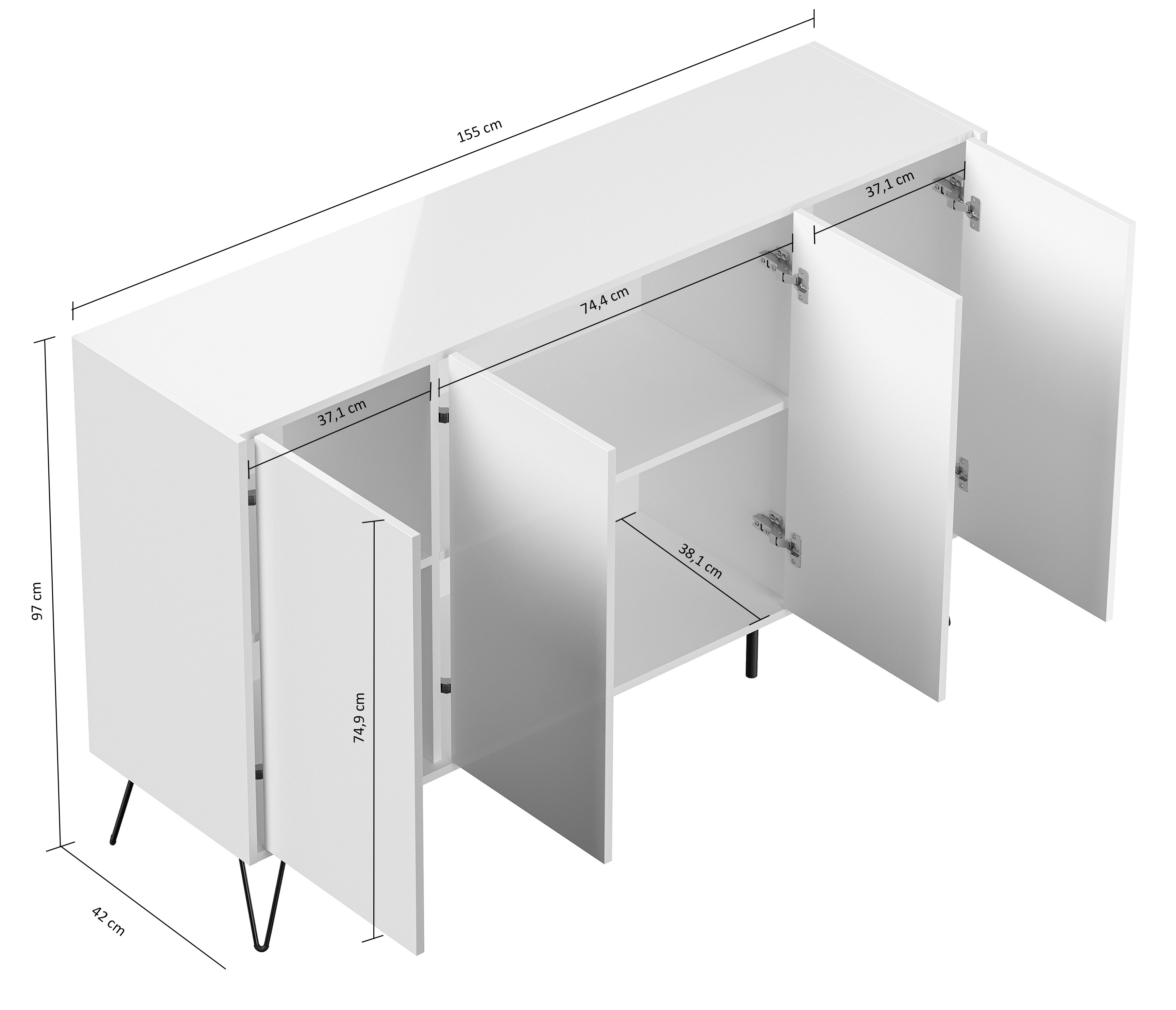 Design Sideboard Kommode Rana 155cm 4 Softclose Türen Grafit/Eiche Top