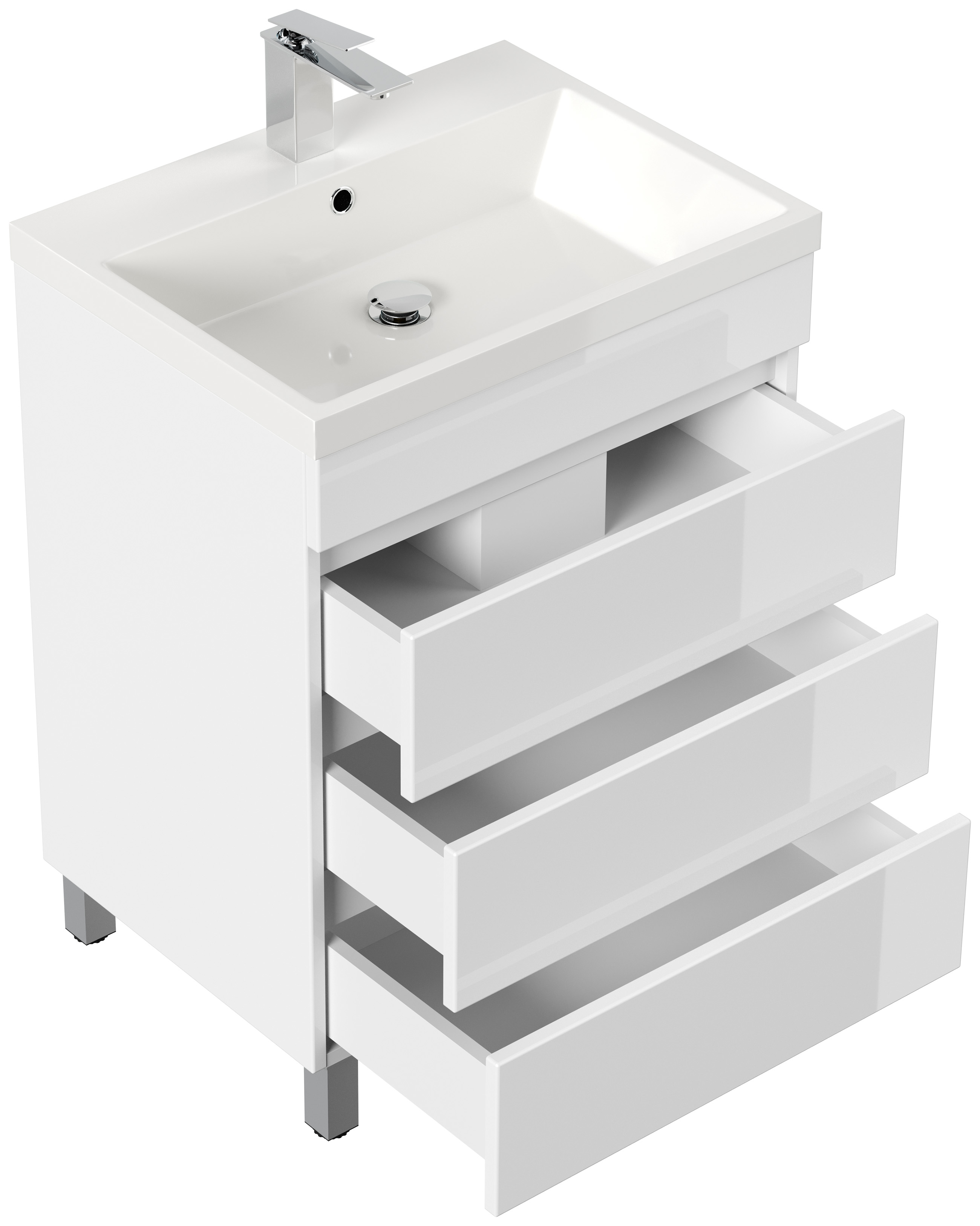 Stand Badmöbel Via 60 SoftClose weiss hochglanz mit drei grifflosen Schubladen