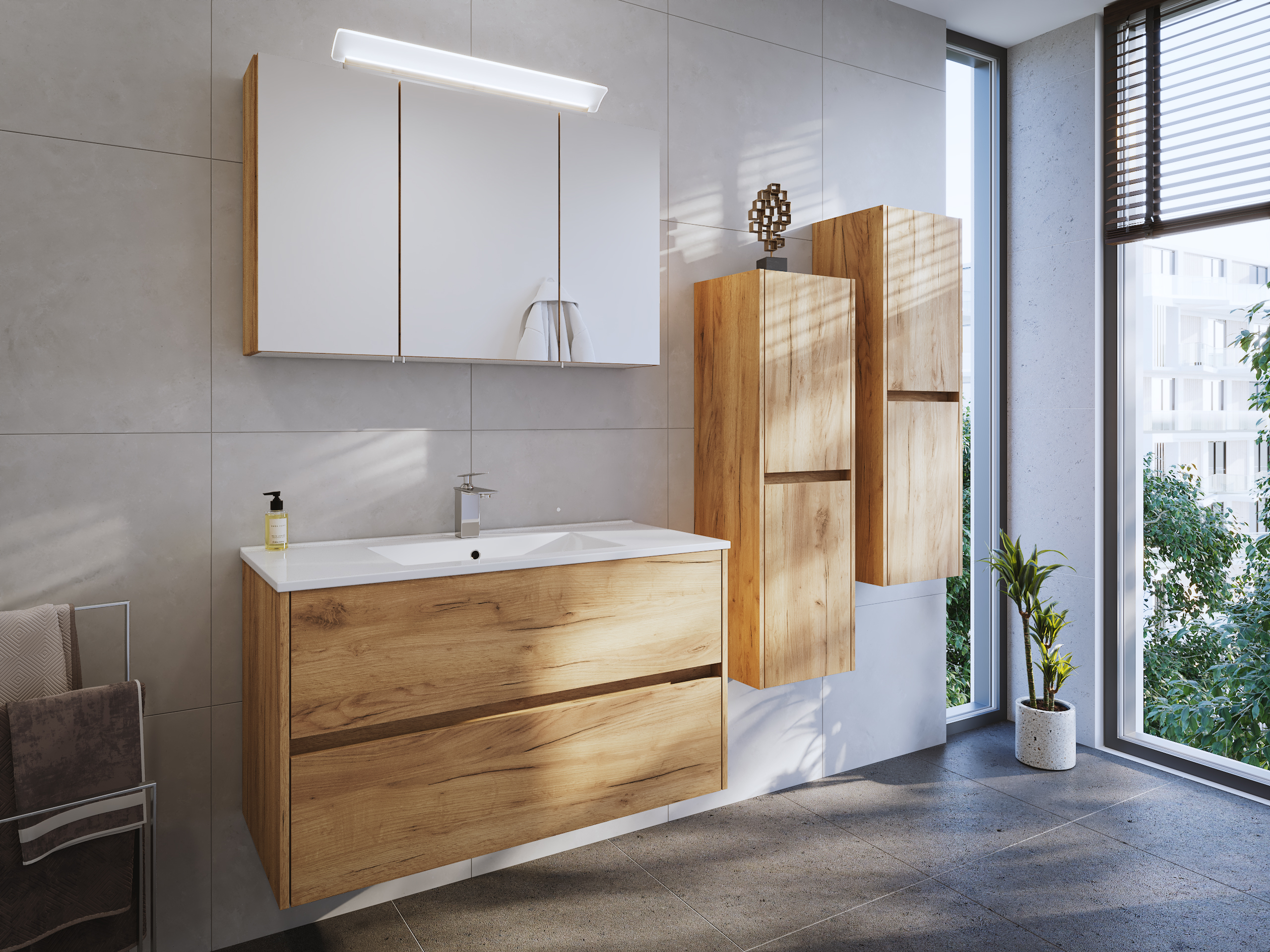 Badmöbel Set Taifun 4tlg. 100 cm mit Spiegelschrank & 2x Seitenschrank eiche