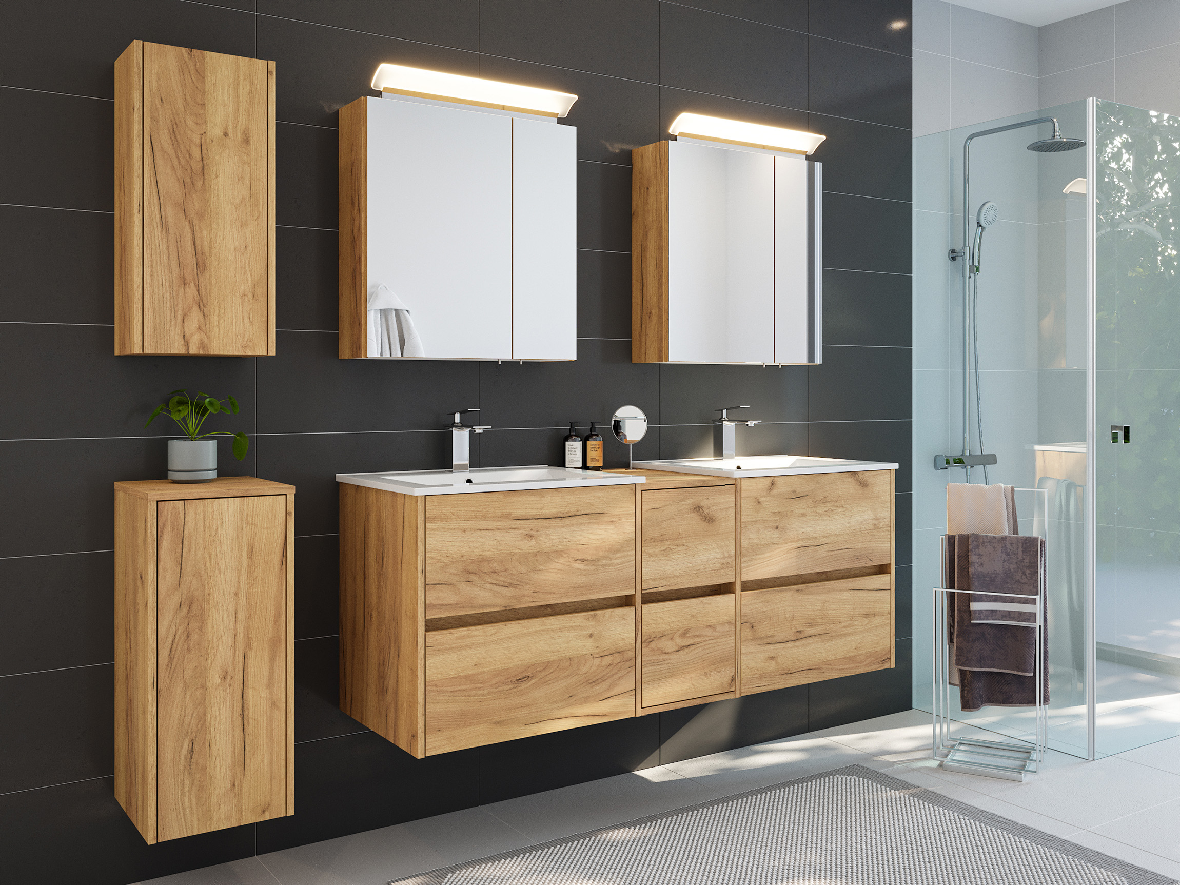Badmöbelset Taifun 150cm 5tlg mit 2x Spiegelschrank & 2x Badschrank eiche gold