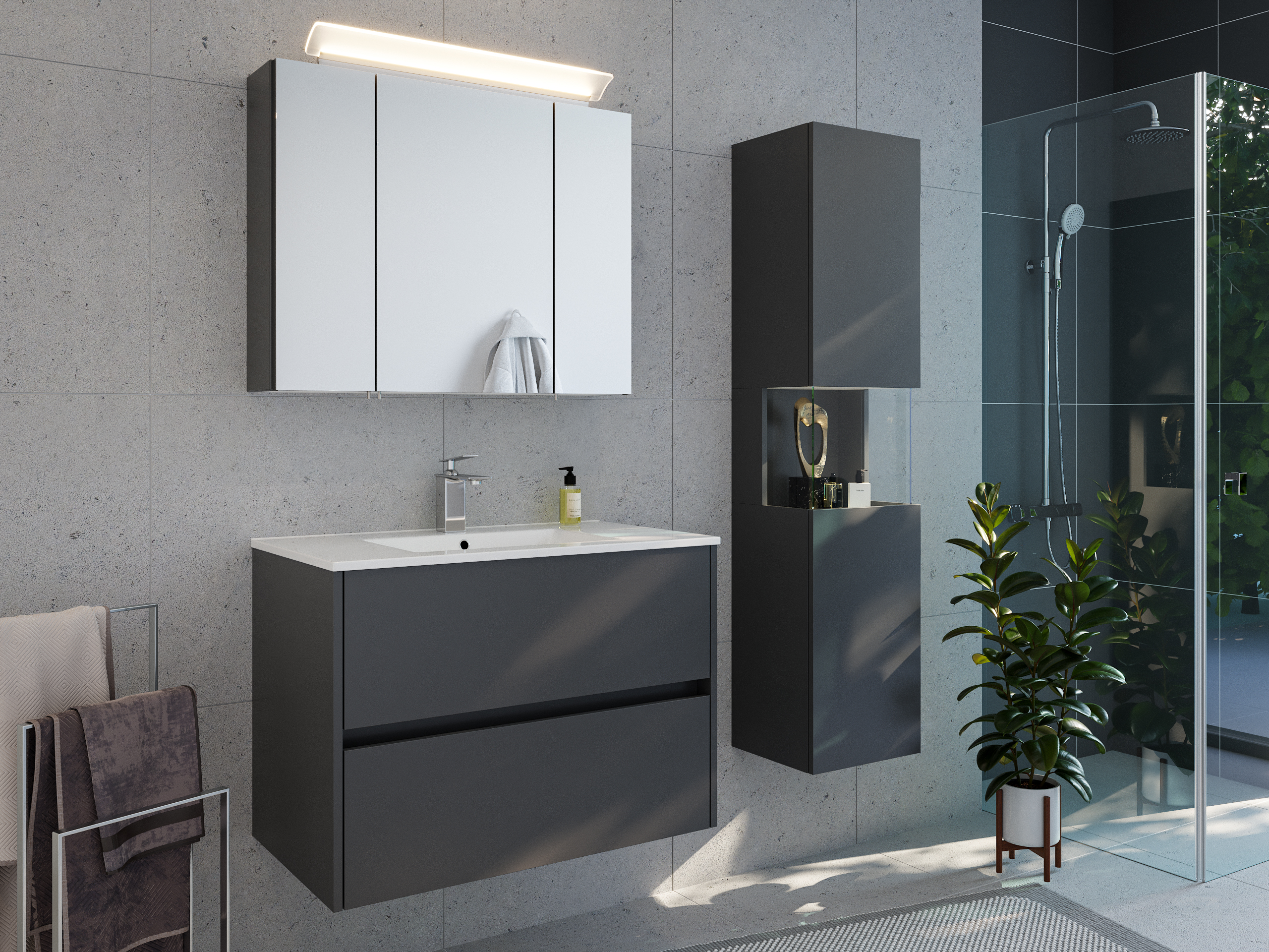 Badmöbelset Taifun 80cm 3tlg mit Spiegelschrank & Seitenschrank grafit