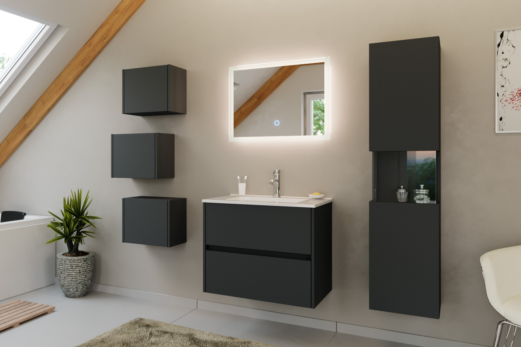 Badmöbel Set Taifun 4tlg. 70cm mit LED Spiegel 3er Boxen & Hochschrank Grafit 