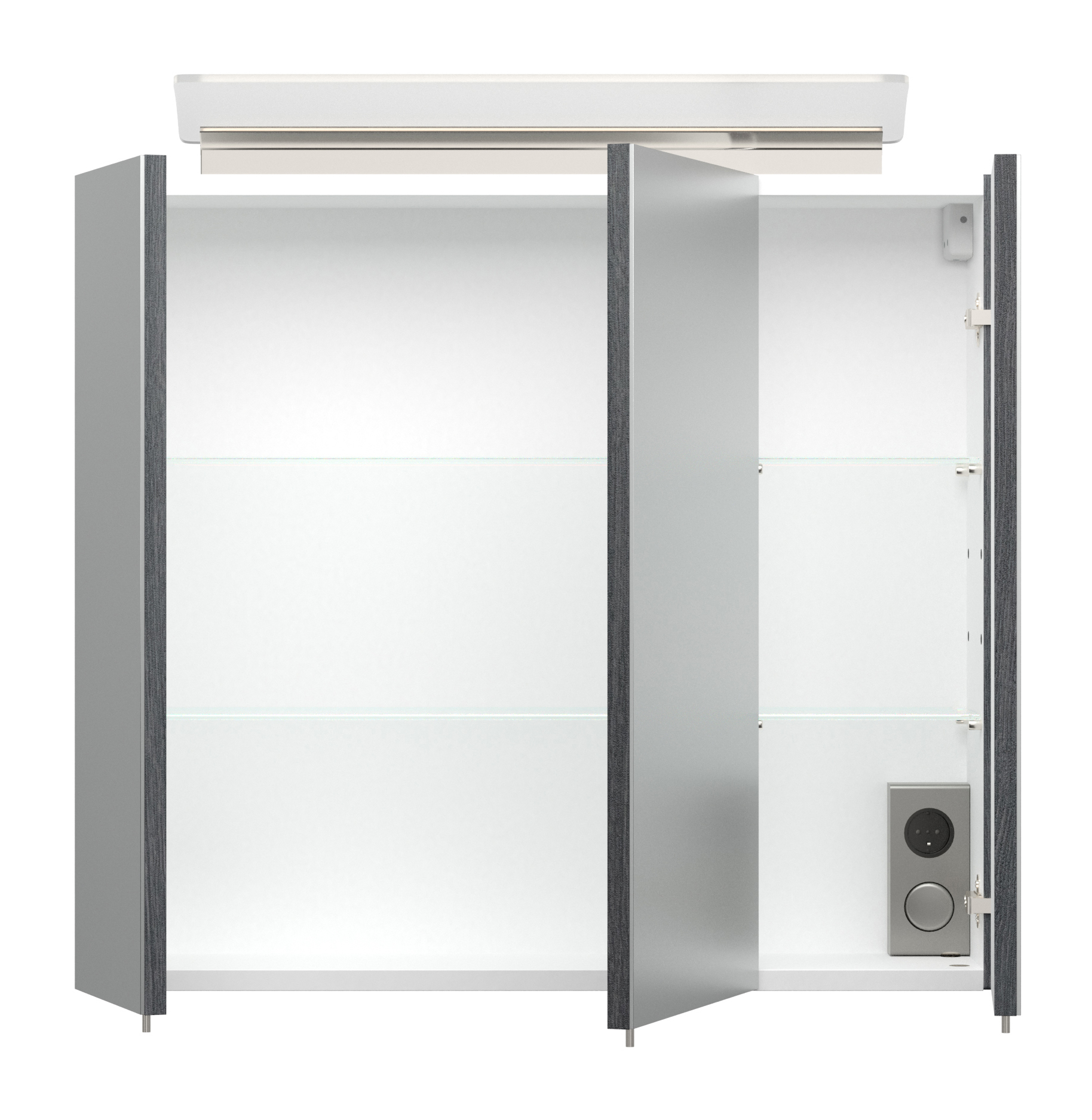 Spiegelschrank 70cm inkl. Design LED-Lampe und Glasböden anthrazit gemasert