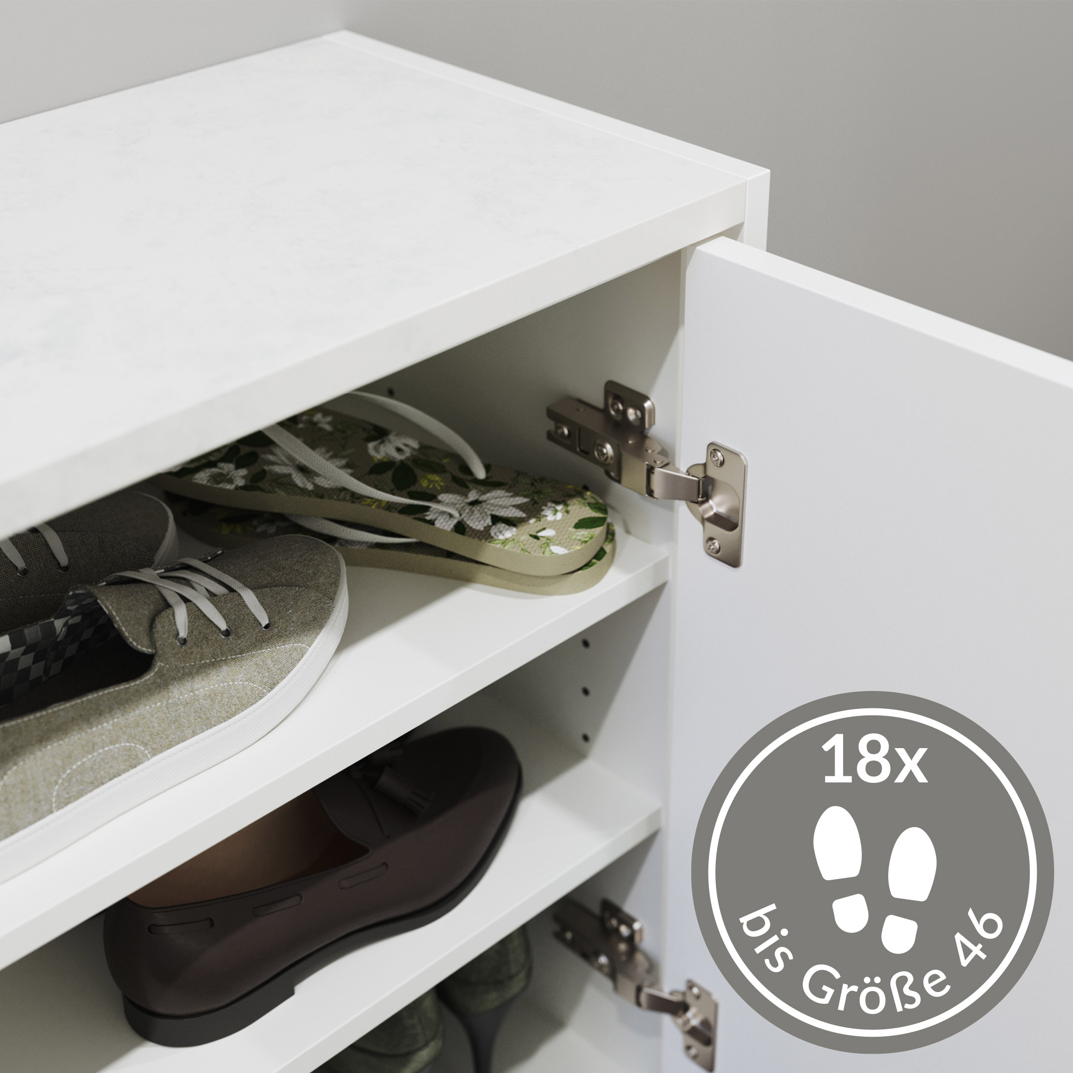 Premium Schuhschrank Alba-XL Quarztop 3 Türen 18 Paar Weiss Hochglanz