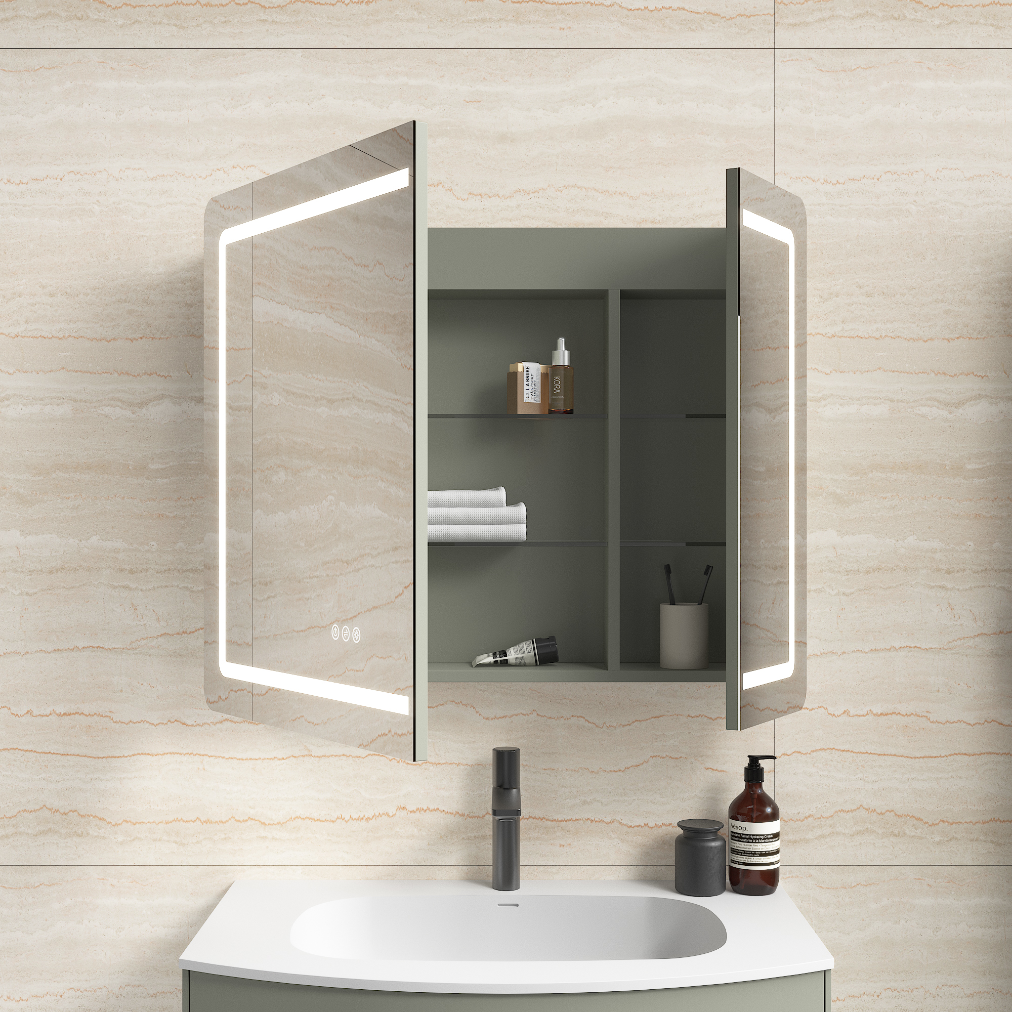 Spiegelschrank Riva 80 cm inkl. LED-Lampe und Glasböden montiert grün matt