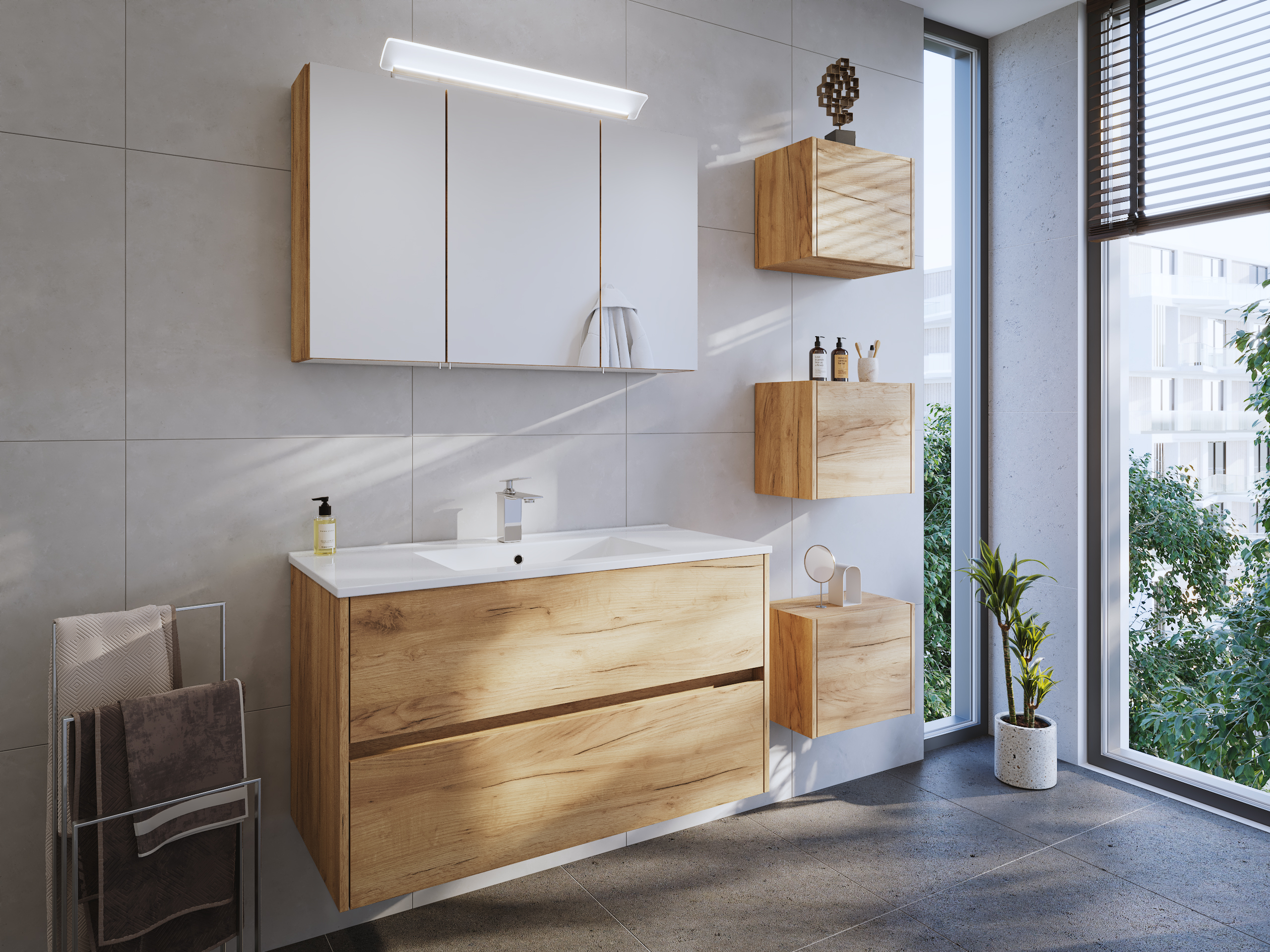 Badmöbel Set Taifun 3tlg. 100 cm mit Spiegelschrank & 3er Boxen eiche gold