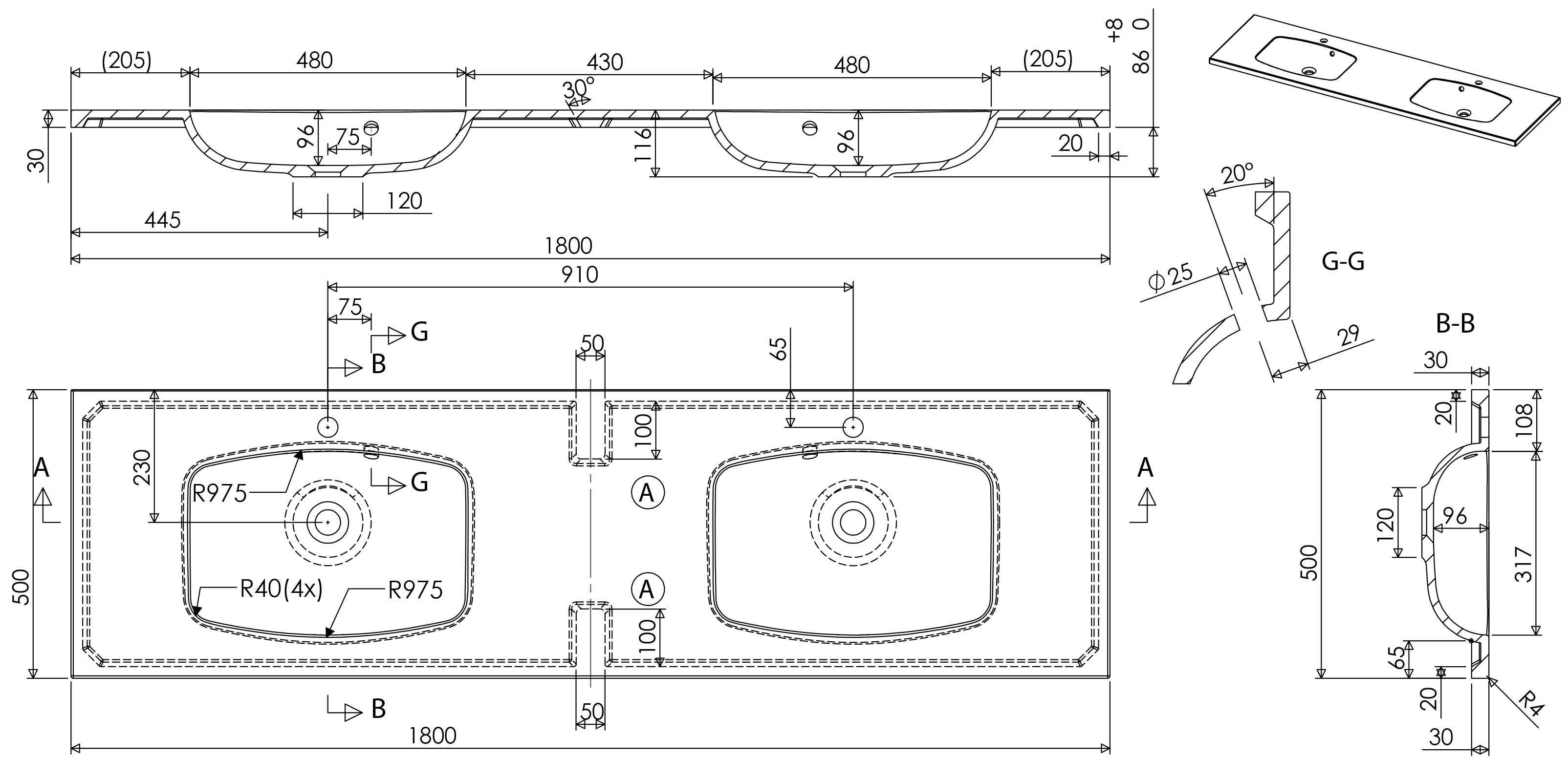 Badmöbelset Colossos 180 4-teilig m. LED-Spiegel SoftClose beton
