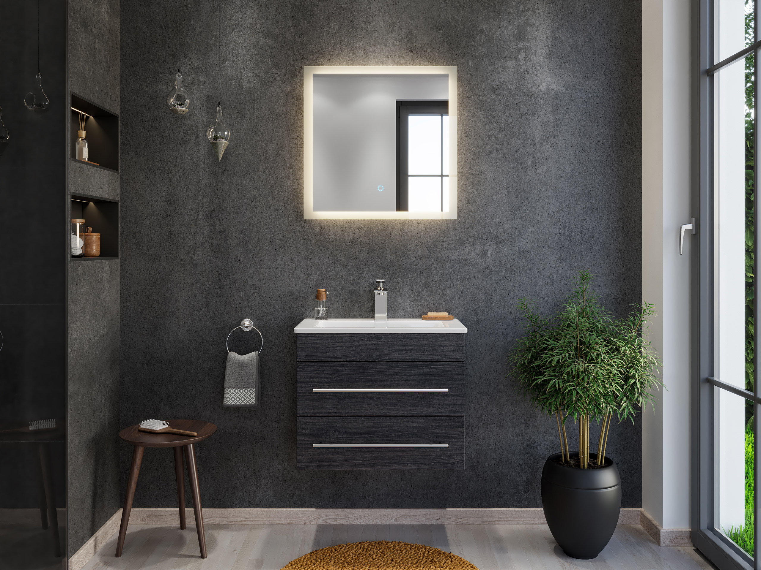 Badmöbel Mars 600 2-teilig mit LED Spiegel SlimLine SoftClose anthrazit gemasert