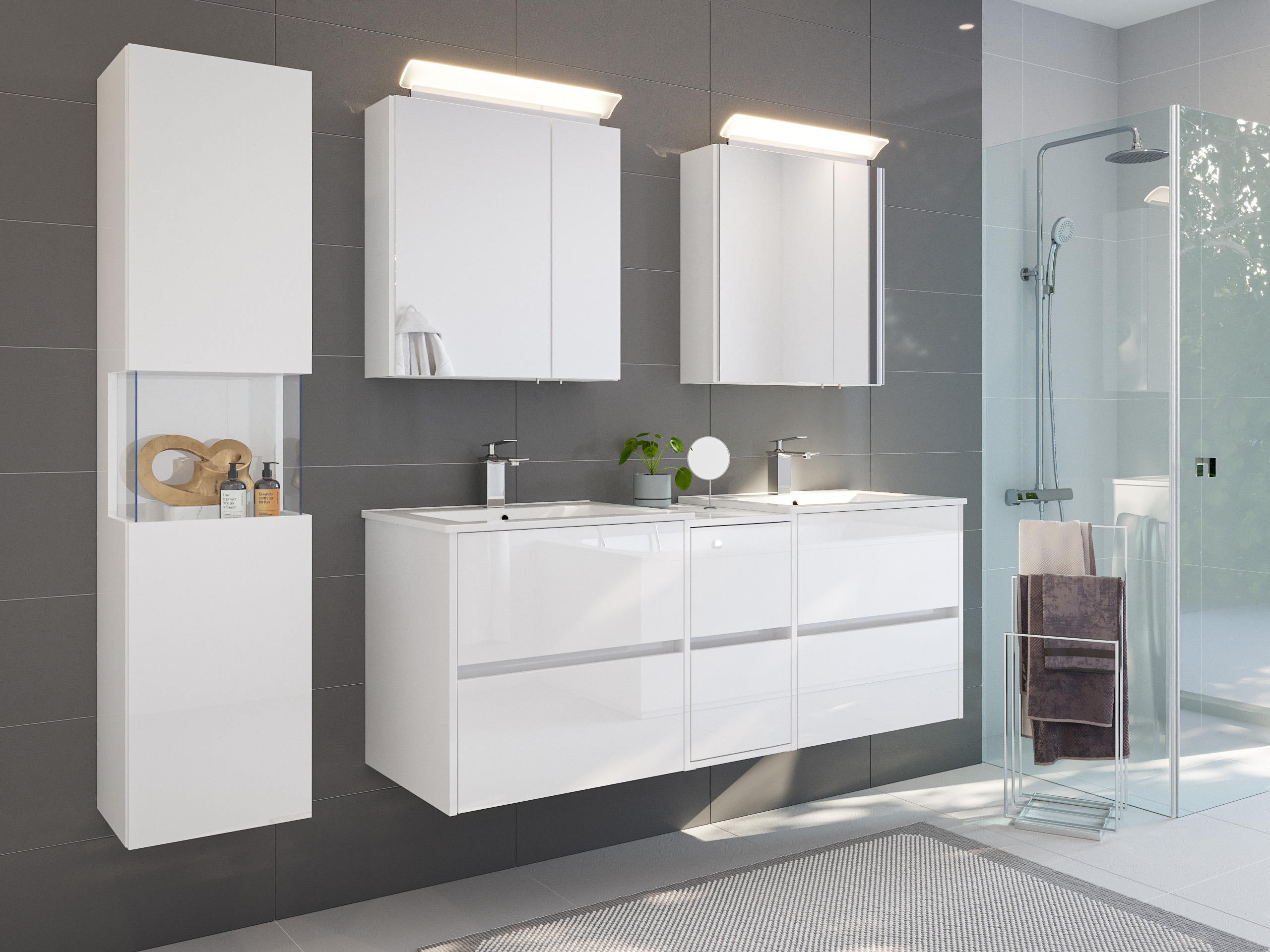 Badmöbelset Taifun 150cm 4tlg mit 2x Spiegelschrank & Seitenschrank weiß Hgl