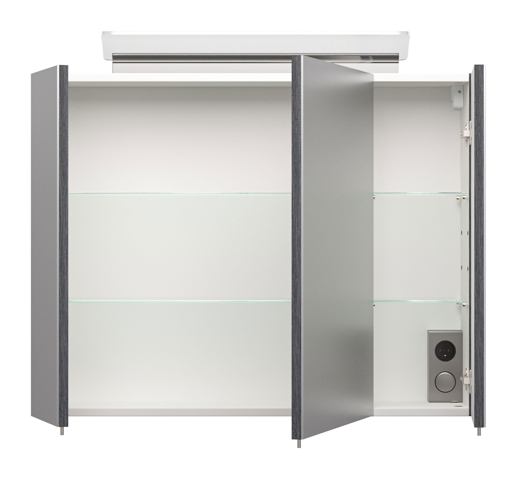 Spiegelschrank 80cm inkl. Design LED-Lampe und Glasböden anthrazit gemasert