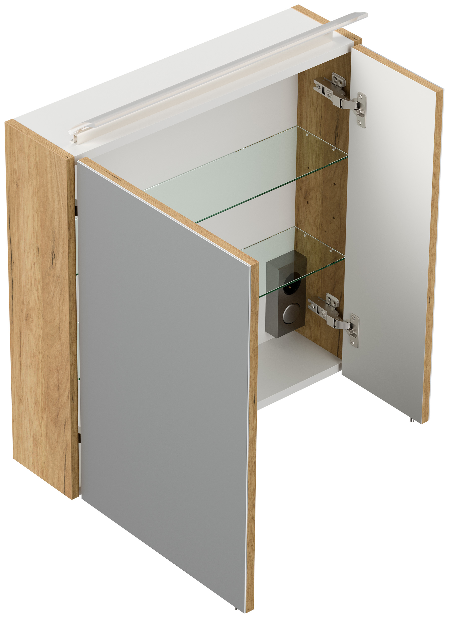 Spiegelschrank 60cm inkl. Design LED-Lampe und Glasböden eiche gold