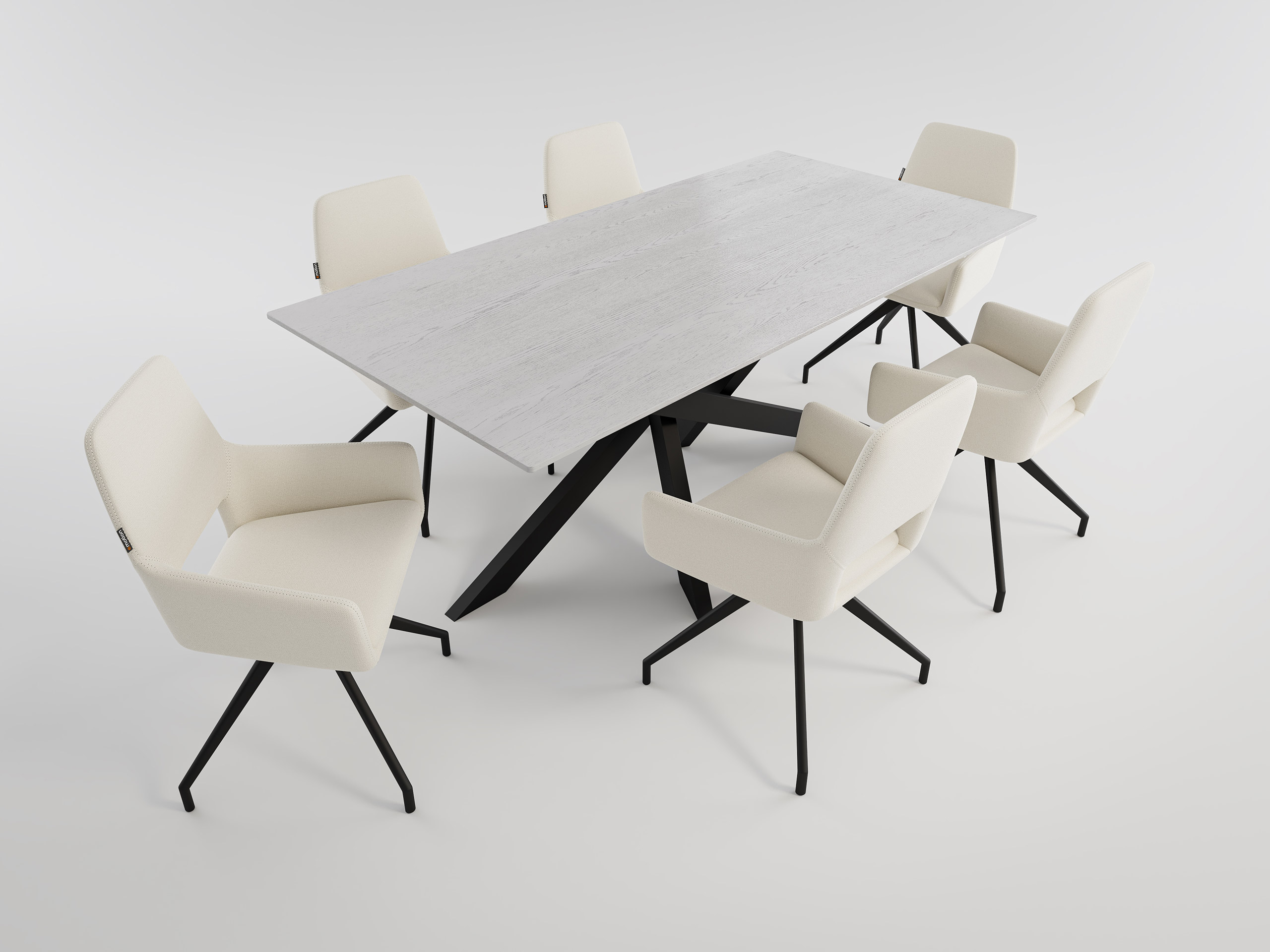 Esstisch mit 6 Stühlen Stoffbezug beige ELLEN 180 Eiche Furnier weiß lackiert