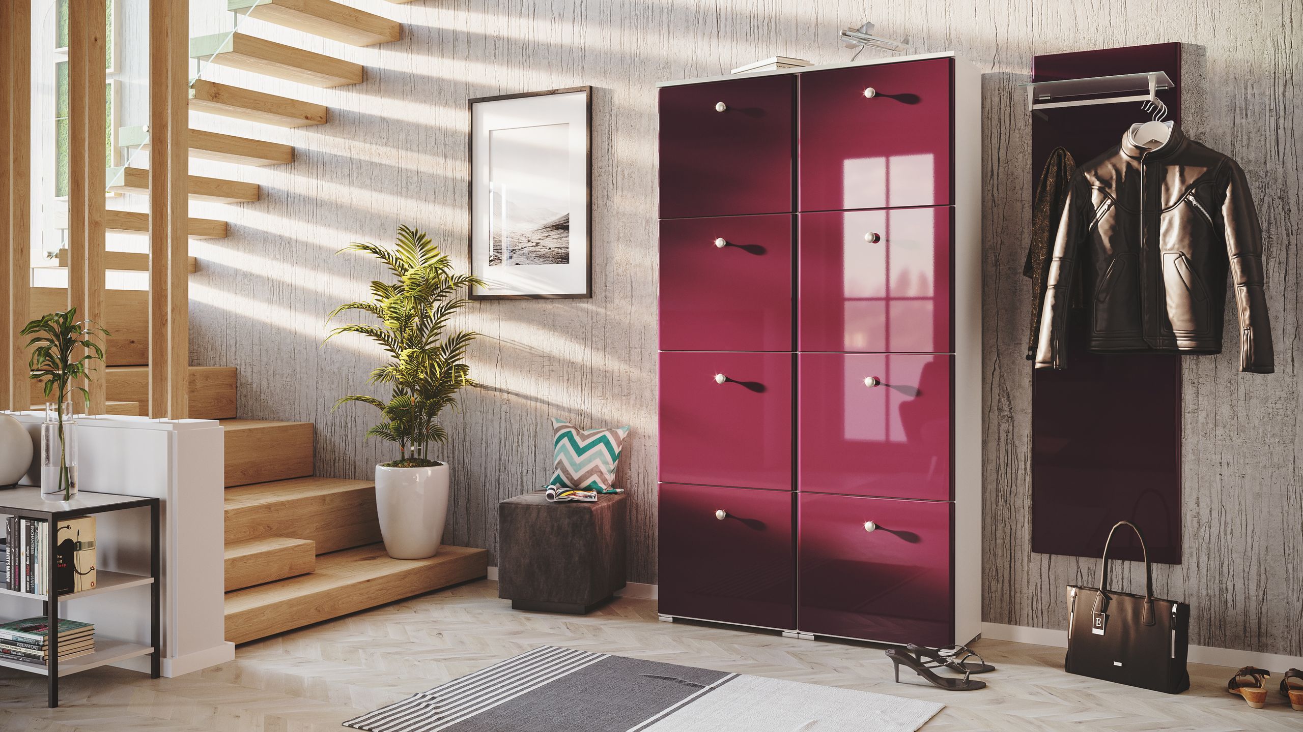 Garderobe Set 113 Brawley 2 tlg Schuhschrank 8 Klappen 32 Paar Weiss-Weiss Hgl