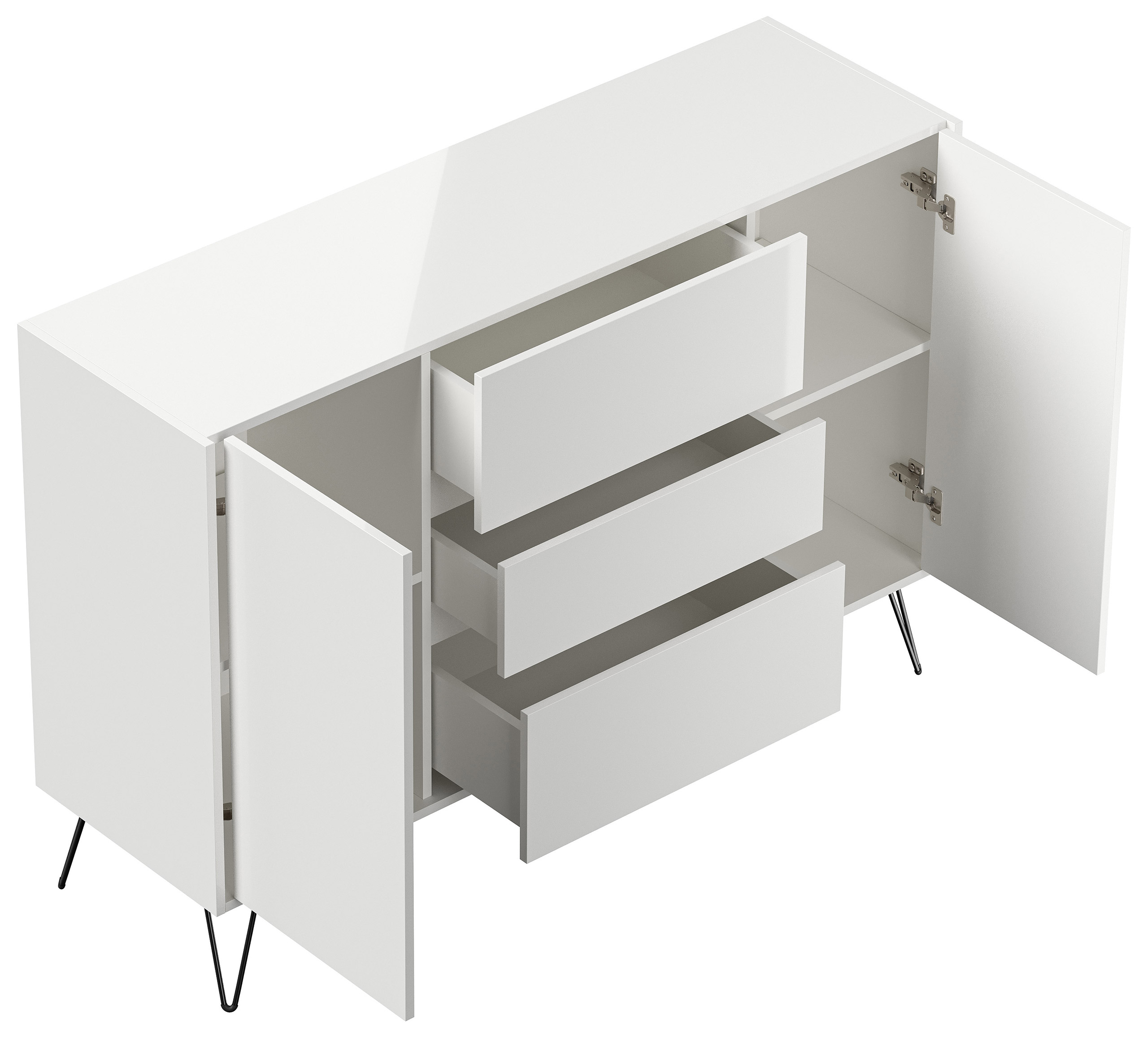 Design Sideboard Kommode Daro 140cm Greifraum 3 SoftClose 2 Türen Weiß hochglanz