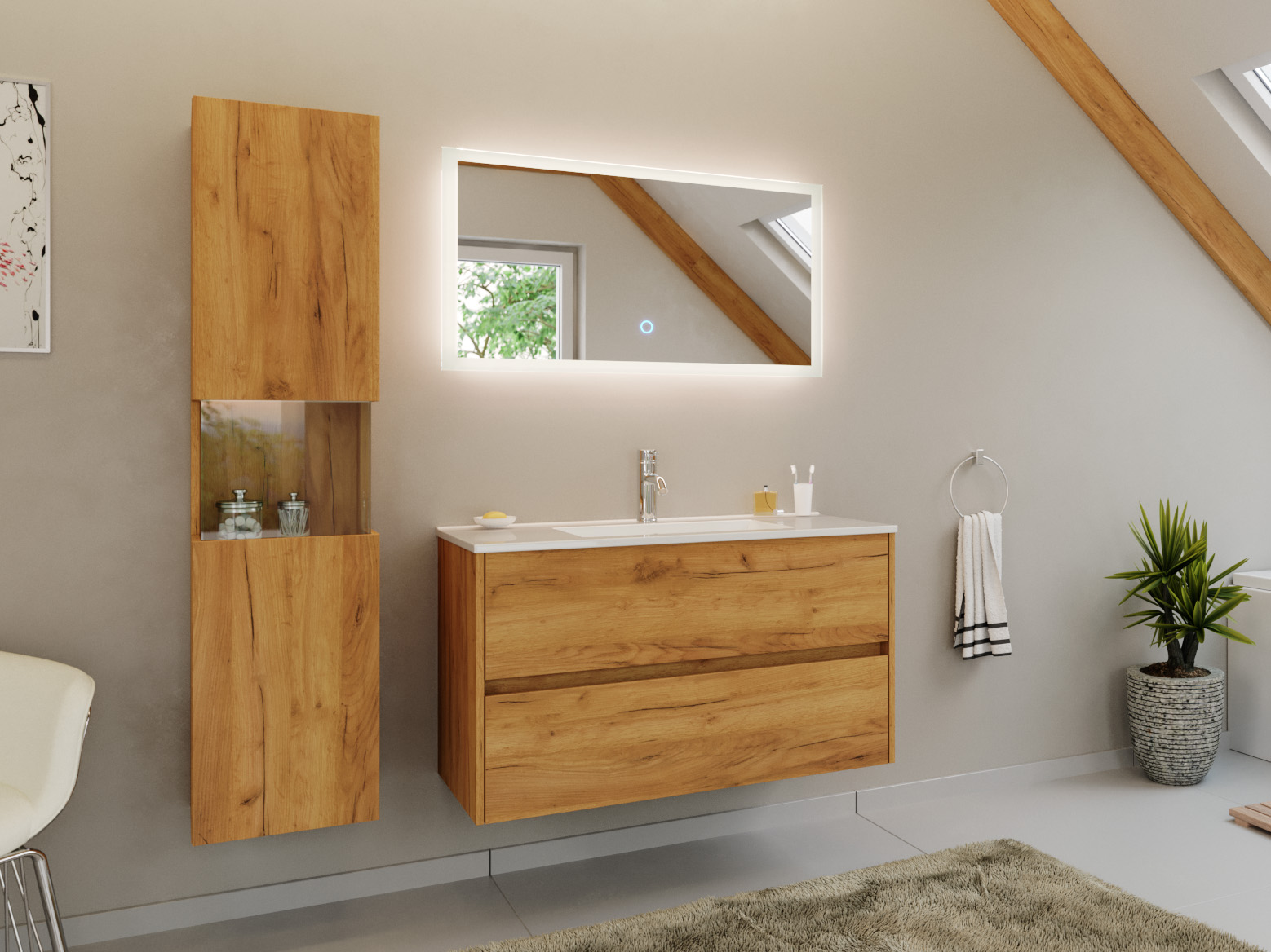 Badmöbel Set Taifun 3tlg. 100 cm mit LED Spiegel & Hochschrank eiche gold