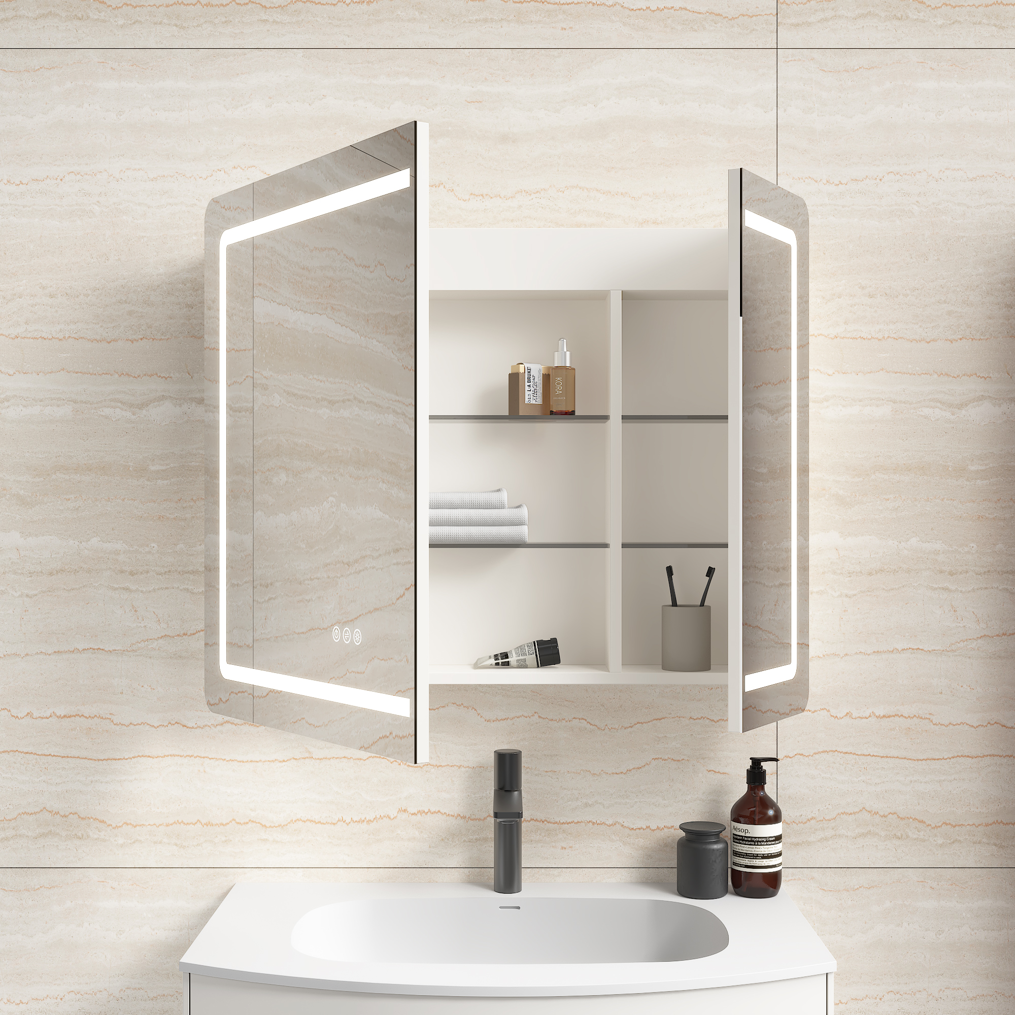 Spiegelschrank Riva 80 cm inkl. LED-Lampe und Glasböden montiert weiß matt