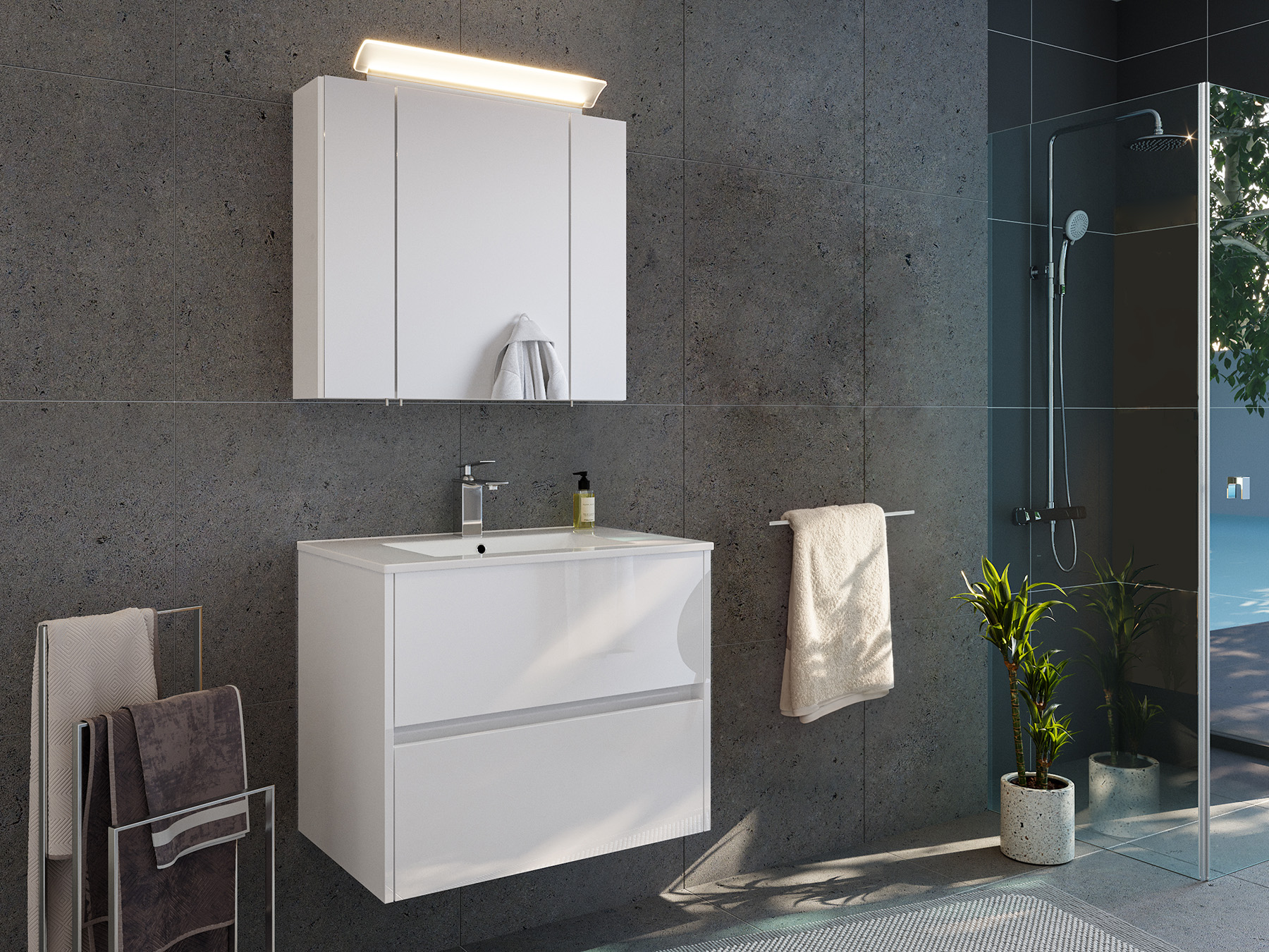Badmöbelset Taifun 70cm 2tlg mit Spiegelschrank weiß Hgl
