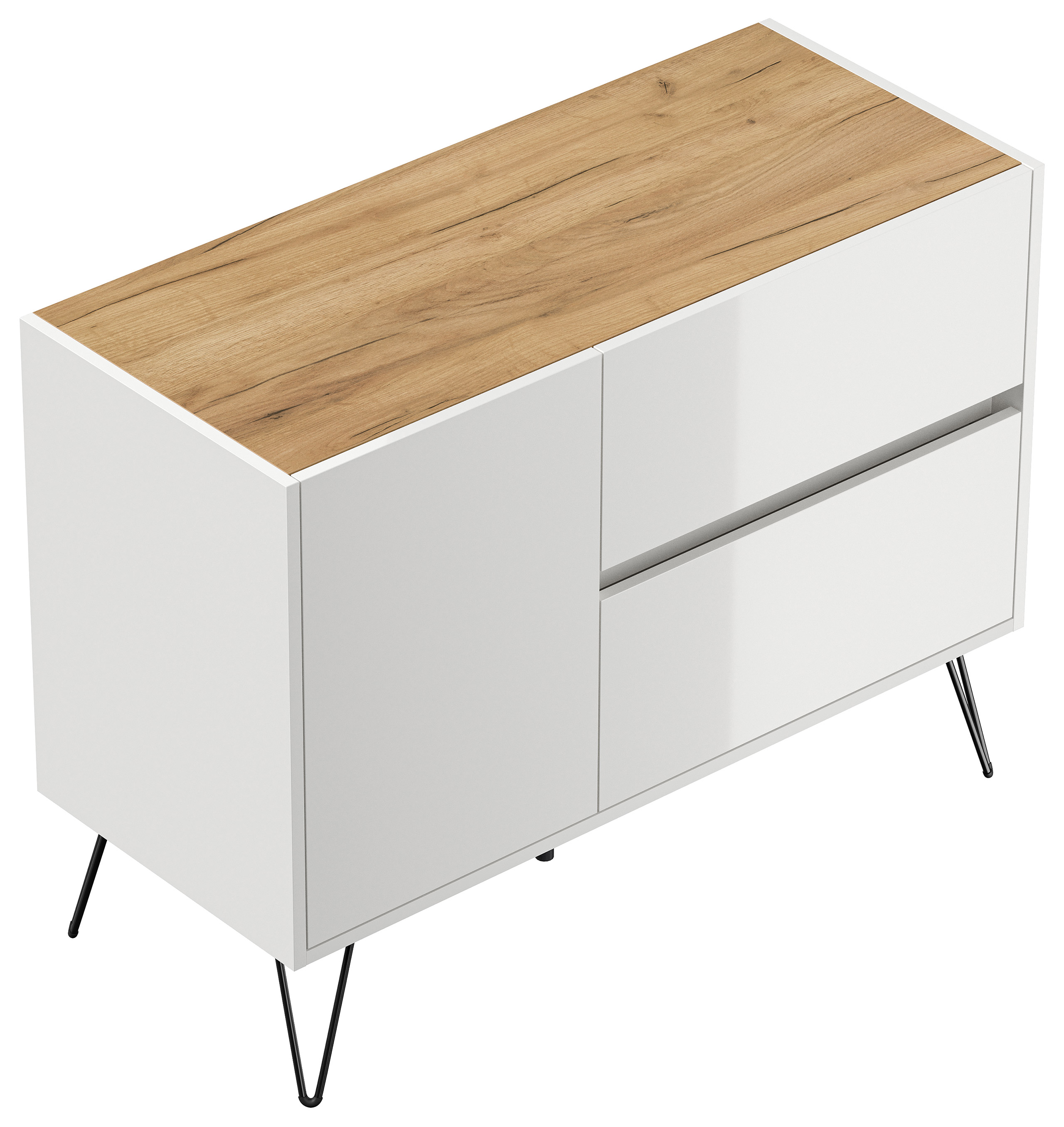 Raumwunder L Sideboard Kommode 100cm 2 SoftClose 1 Tür Weiß/Eiche Top