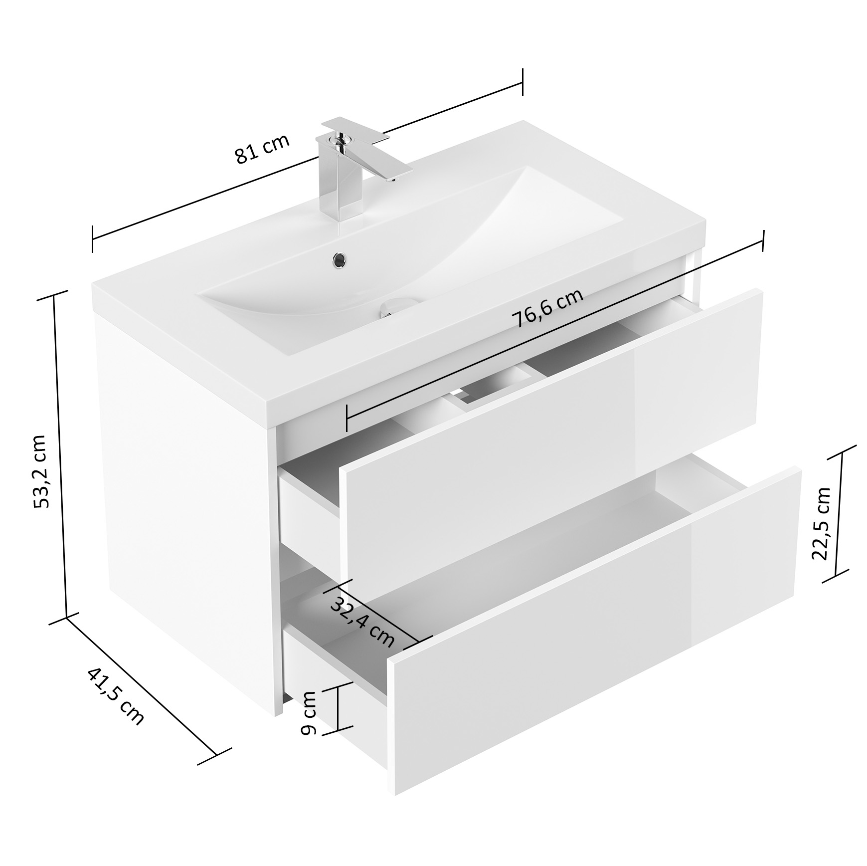 Badmöbel Melora & Waschtisch 80cm 2 Greifraum SoftClose Auszüge weiss hochglanz