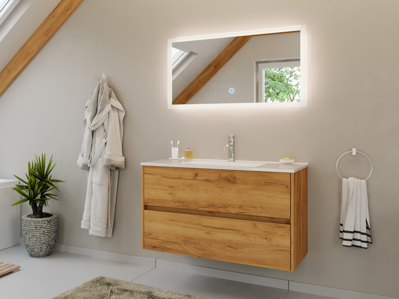 Badmöbel Set Taifun 2tlg. 100 cm mit LED Spiegel eiche gold