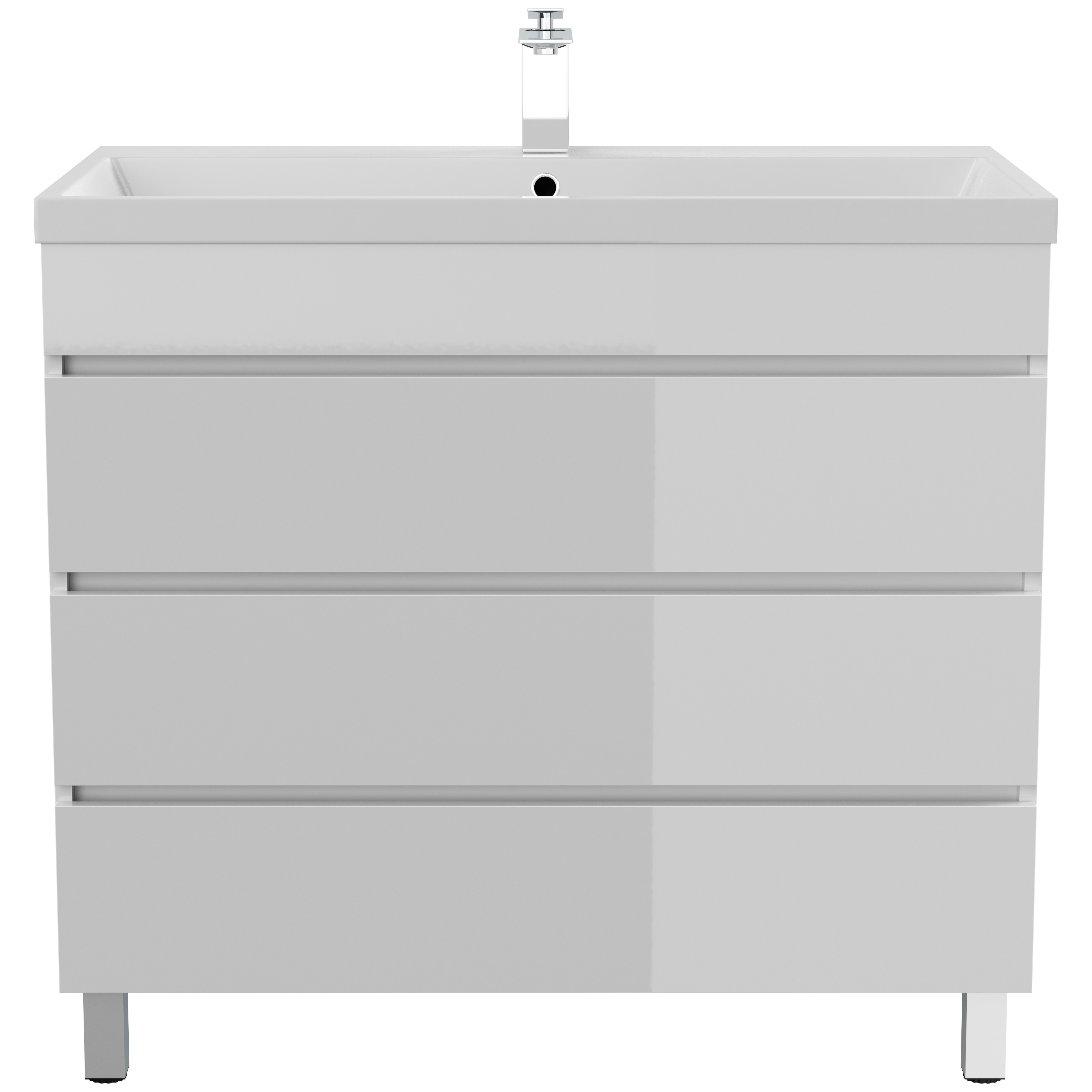 Stand Badmöbel Via 90 SoftClose weiss hochglanz mit drei grifflosen Schubladen