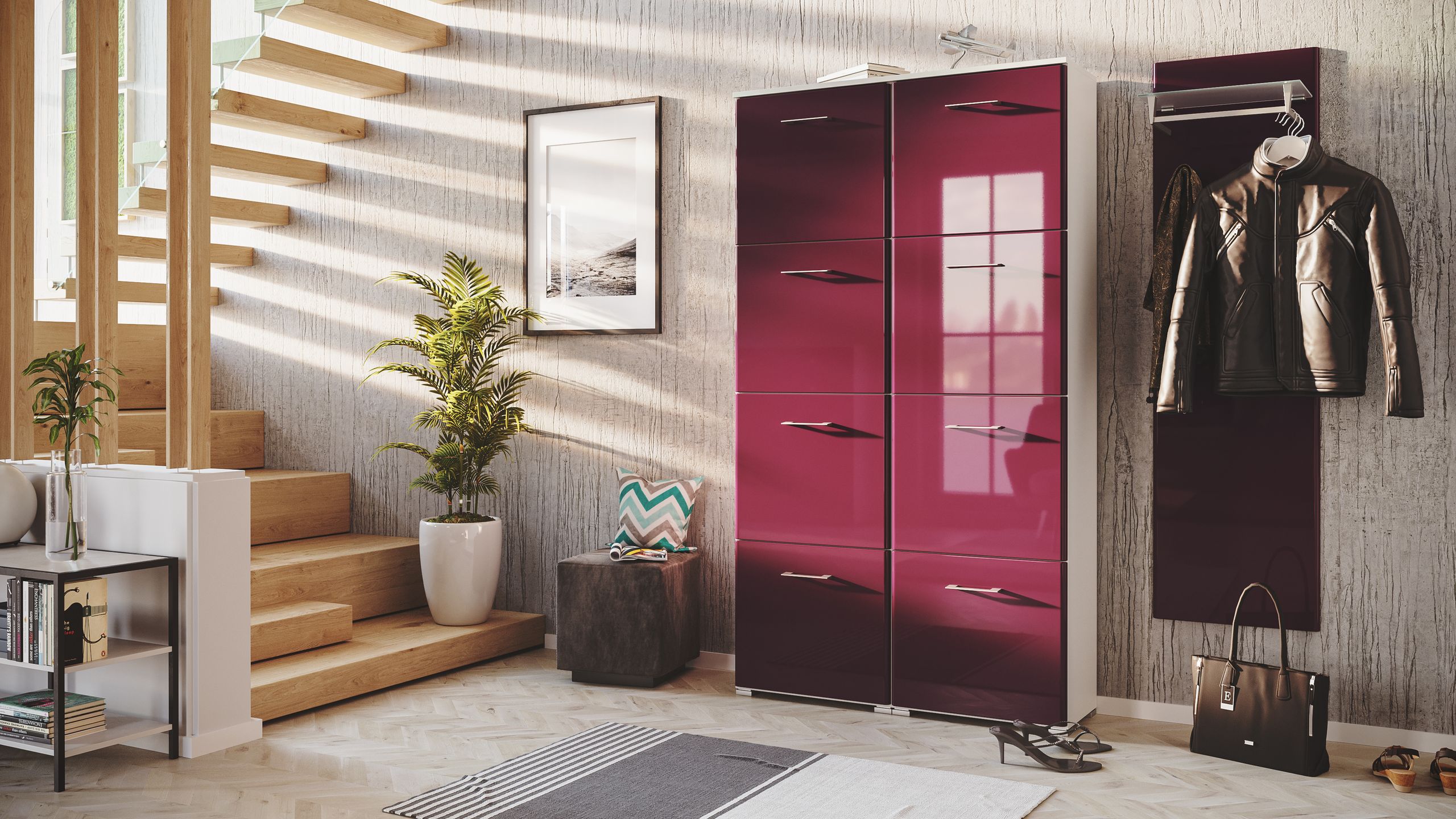 Garderobe Set 113 Ogre 2 tlg Schuhschrank 8 Klappen 32 Paar Weiss-Brombeer