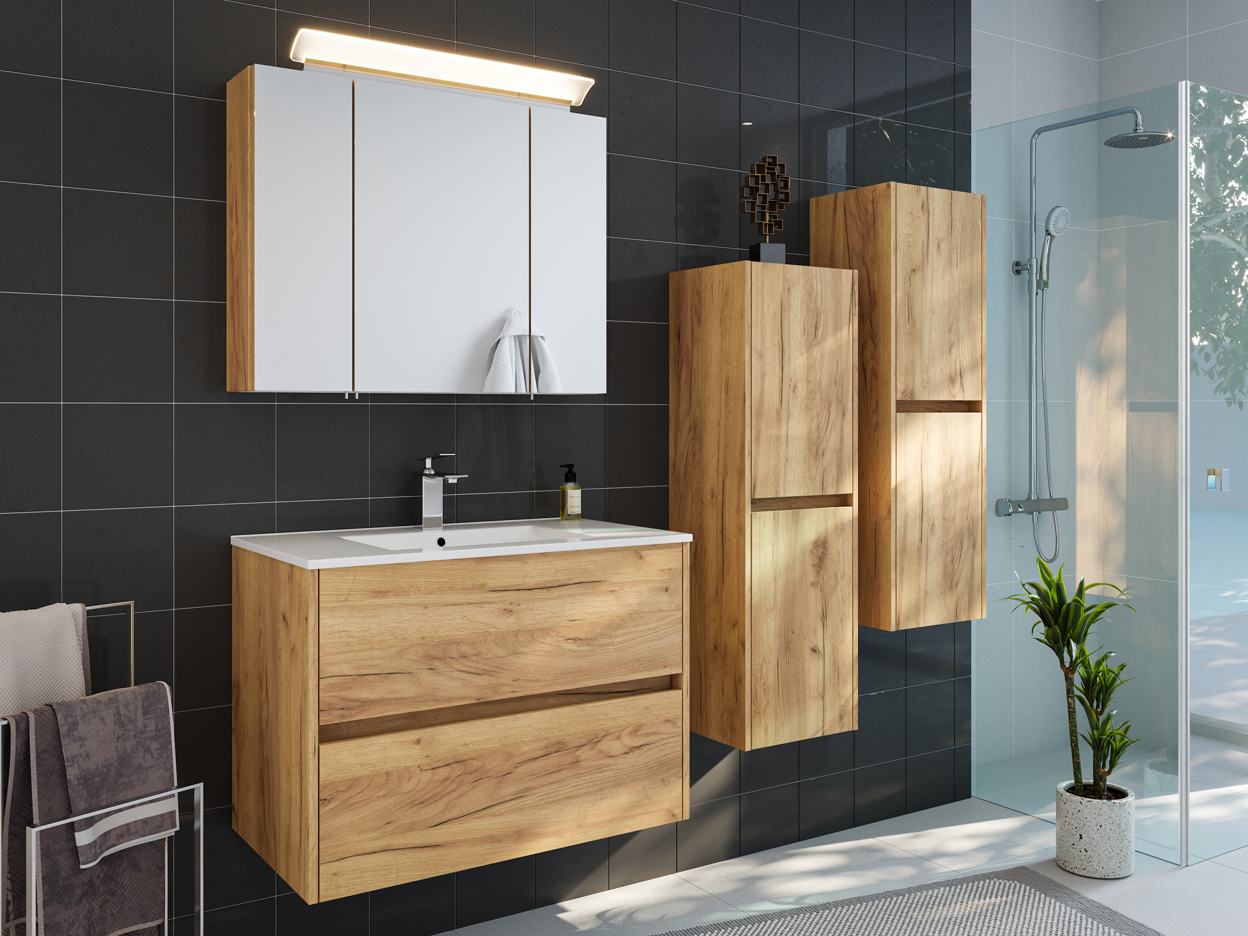 Badmöbelset Taifun 80cm 4tlg mit Spiegelschrank & 2x Seitenschrank eiche gold