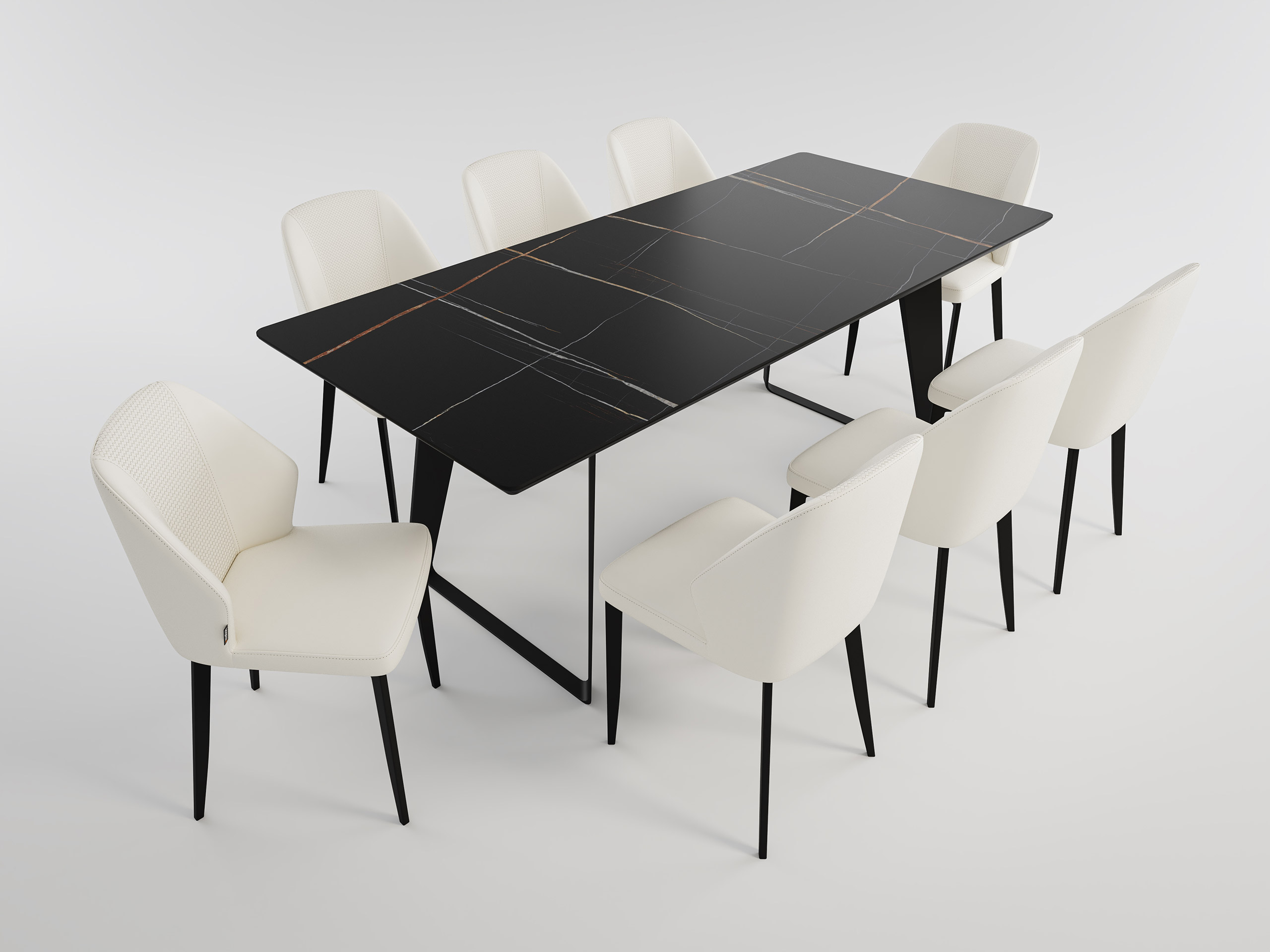 Esstisch Set FLORINT 200 schwarze Keramikplatte mit 8 Stühlen Kunstleder beige