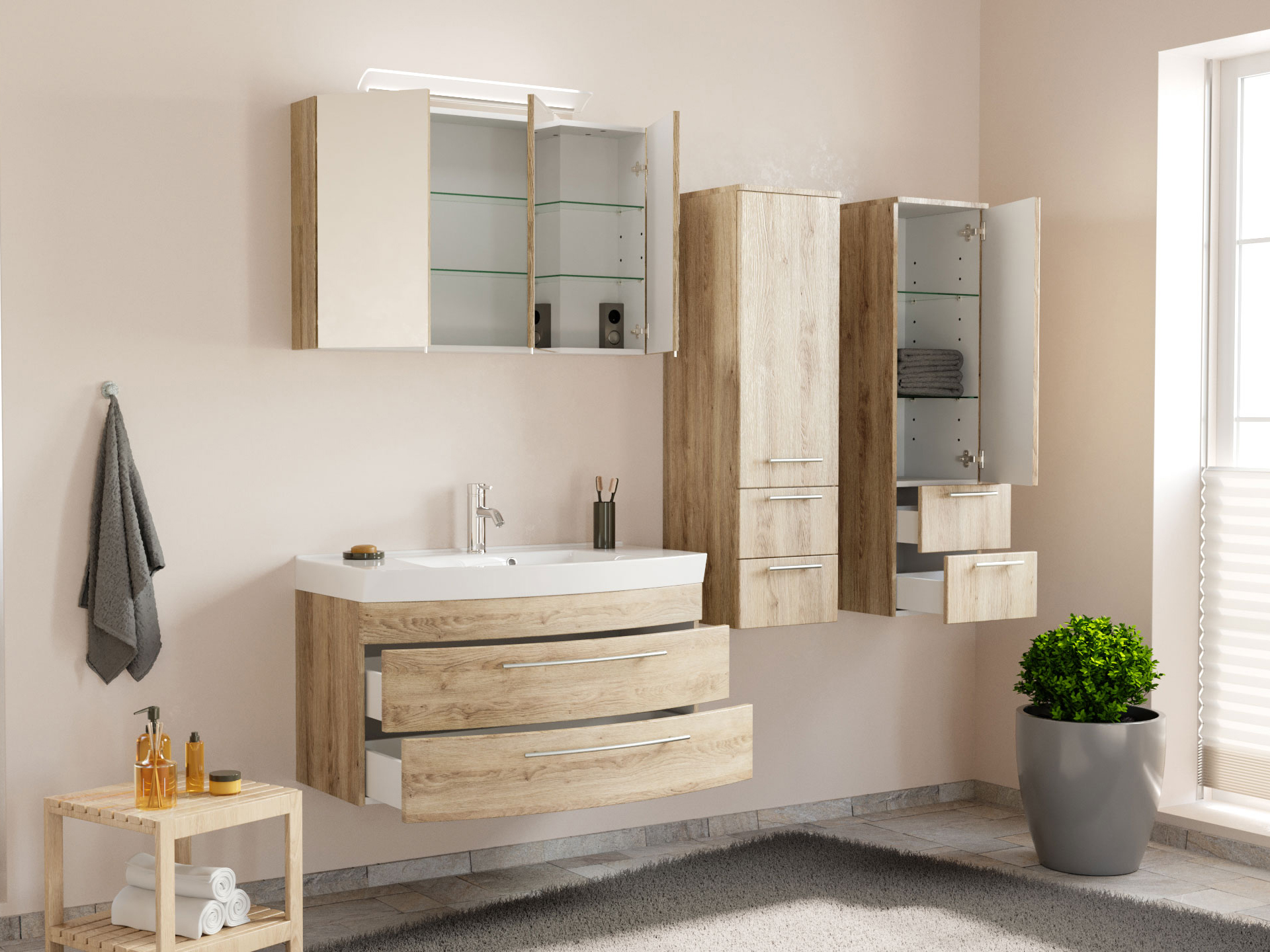 Badmöbel-Set Toscana 100 cm (4-teilig) SoftClose eiche hell