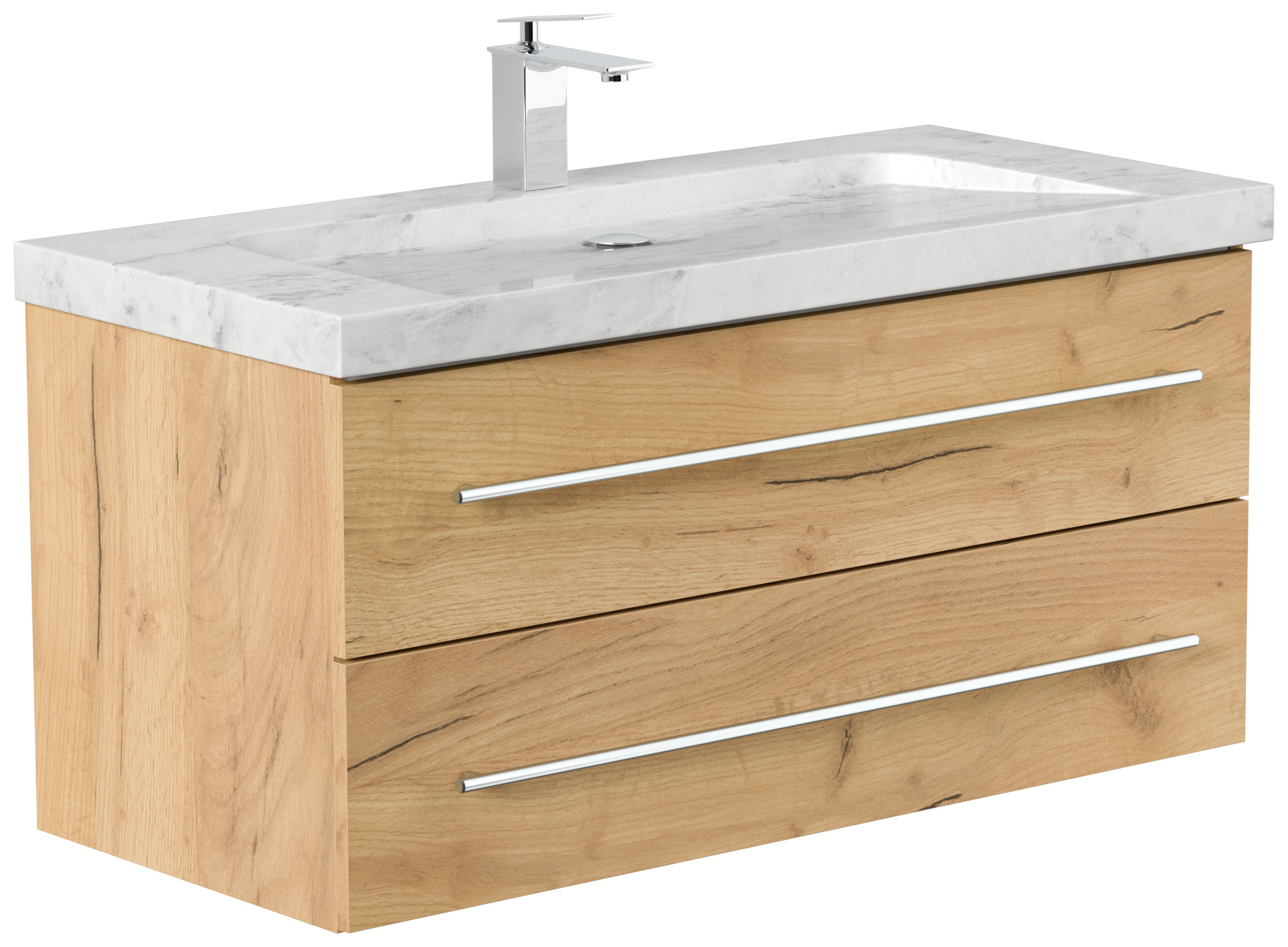 Badmöbel Marmor Carrara White Damo 100 cm 1 Hahnloch SoftClose eiche gold