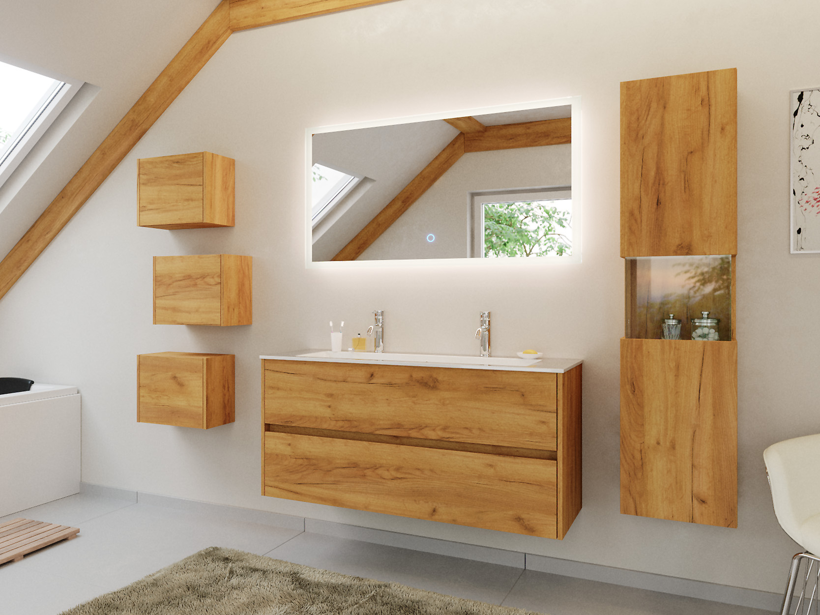 Doppel-Badmöbel Set Taifun 4tlg. 120cm LED Spiegel 3er Boxen & Hochschrank eiche