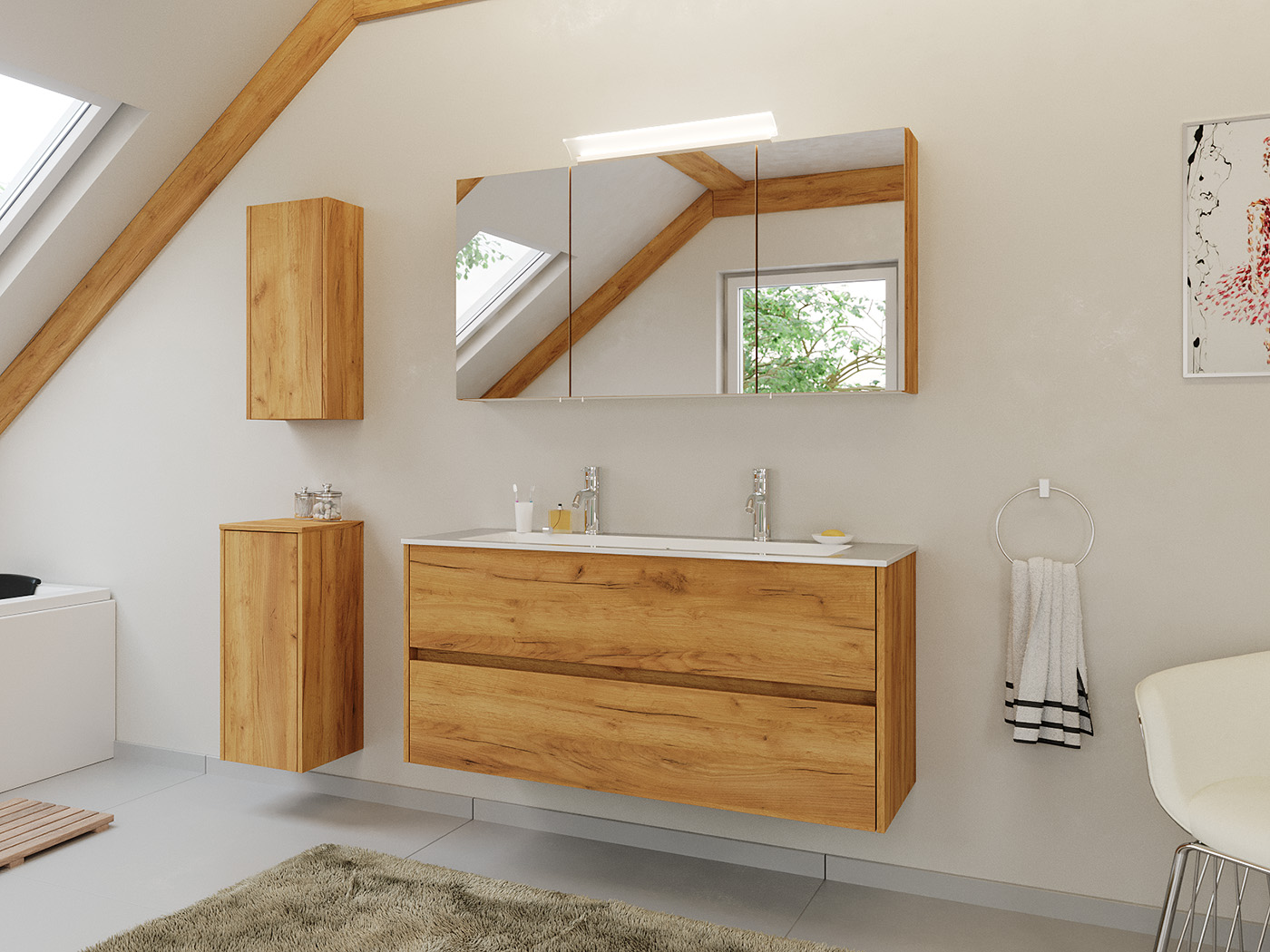 Doppel-Badmöbel Set Taifun 4tlg. 120 cm Spiegelschrank & 2x Badschrank eiche 